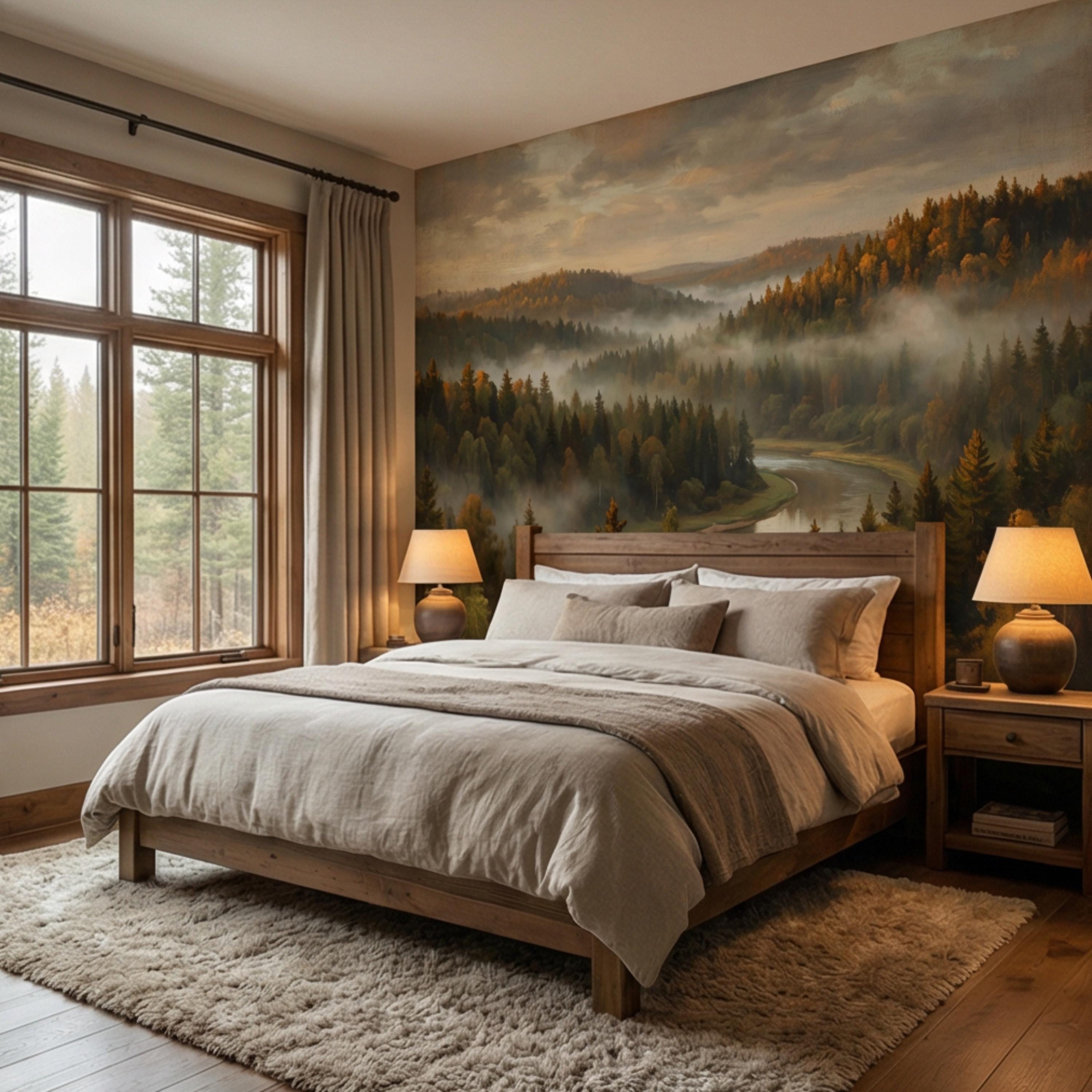 Misty Autumn Forest River Peel and Stick Wall Mural, Moody Foggy Woodland Landscape, Warm Fall Colors Nature Wallpaper