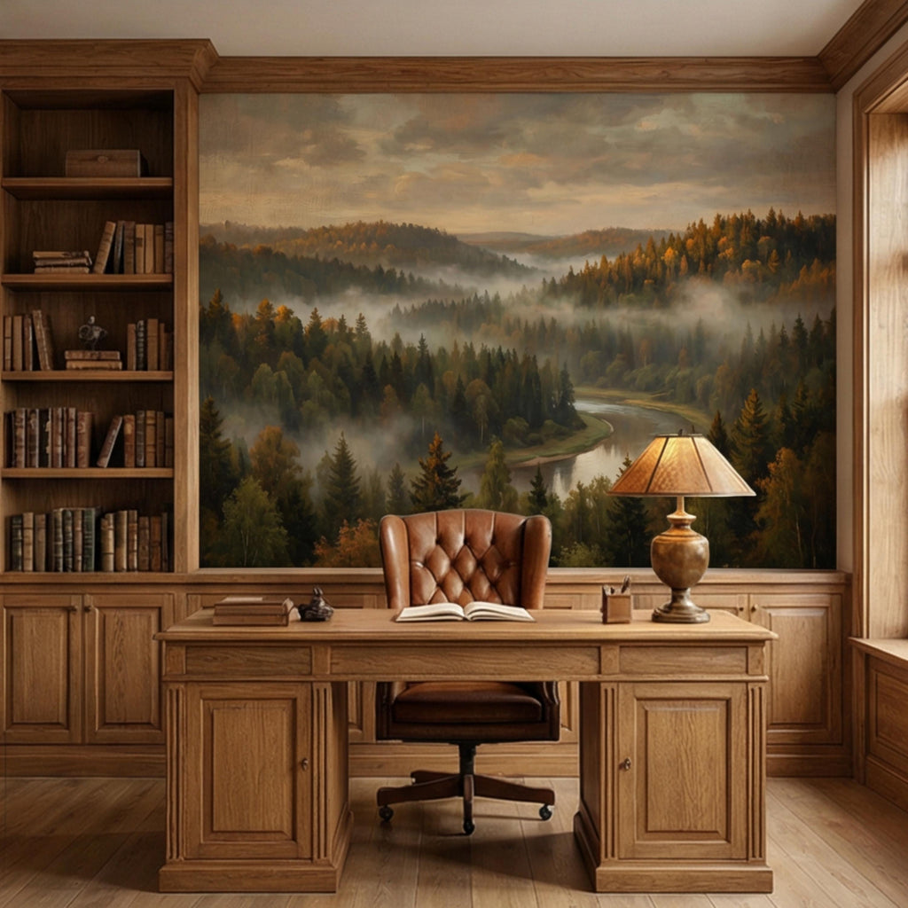 Misty Autumn Forest River Peel and Stick Wall Mural, Moody Foggy Woodland Landscape, Warm Fall Colors Nature Wallpaper