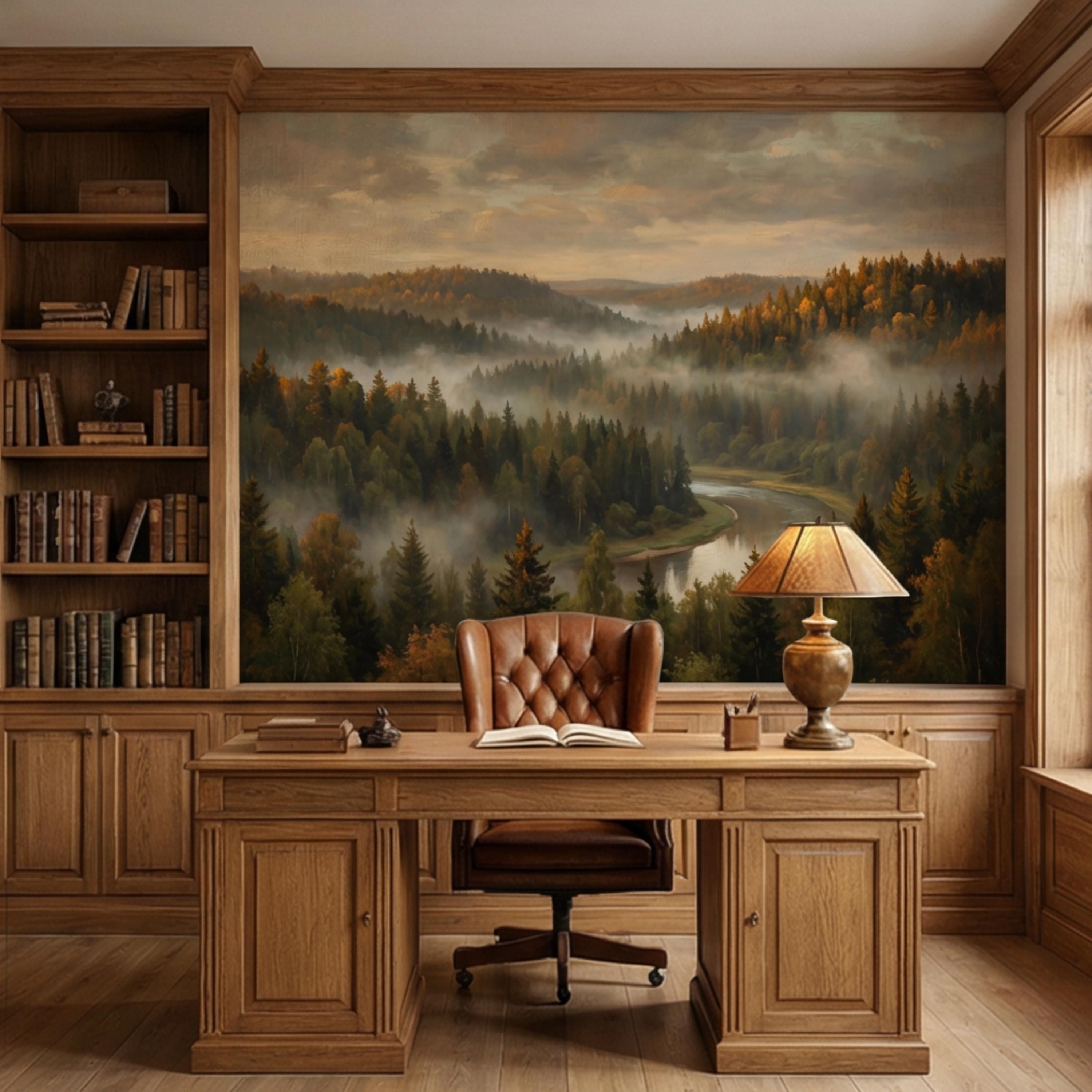 Misty Autumn Forest River Peel and Stick Wall Mural, Moody Foggy Woodland Landscape, Warm Fall Colors Nature Wallpaper