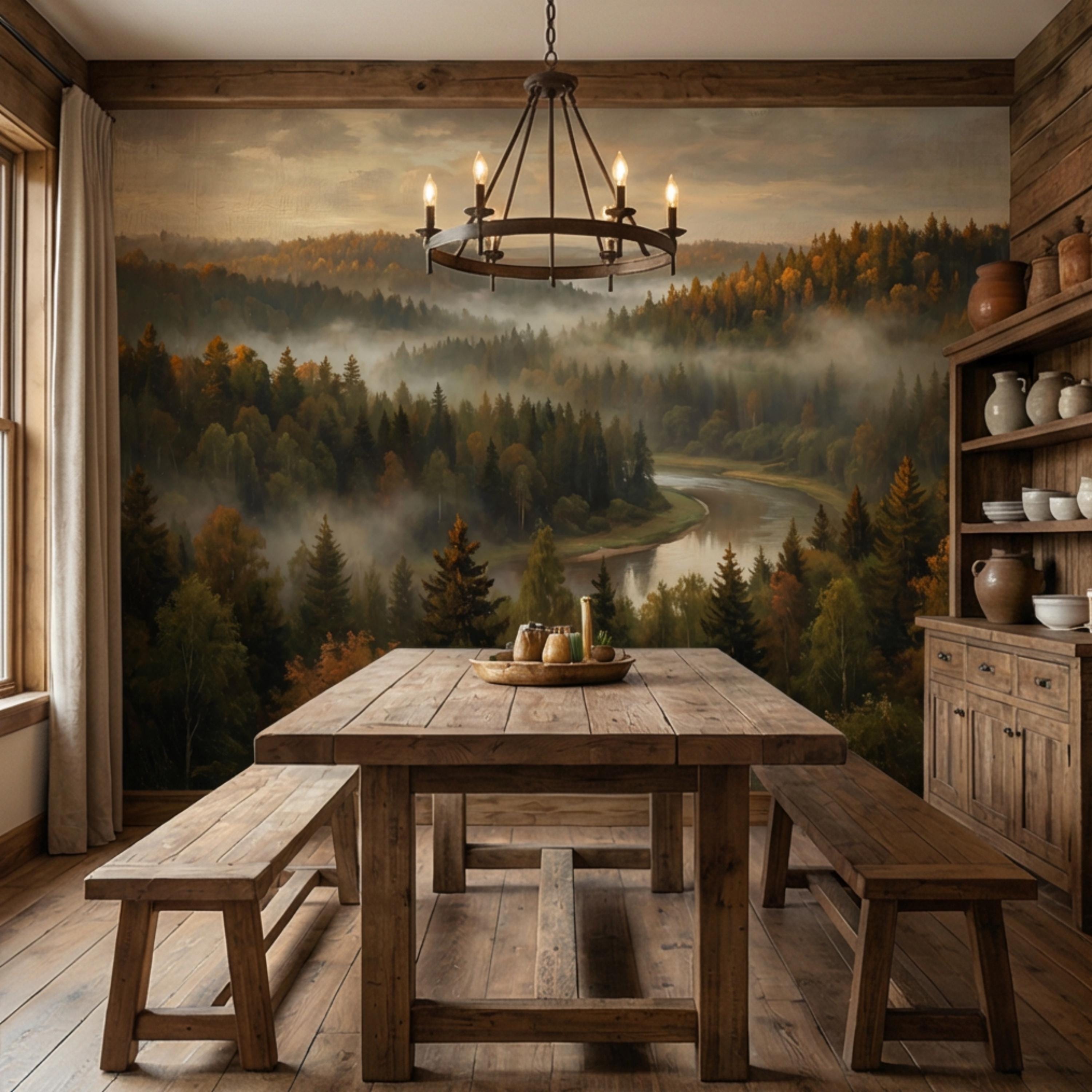Misty Autumn Forest River Peel and Stick Wall Mural, Moody Foggy Woodland Landscape, Warm Fall Colors Nature Wallpaper