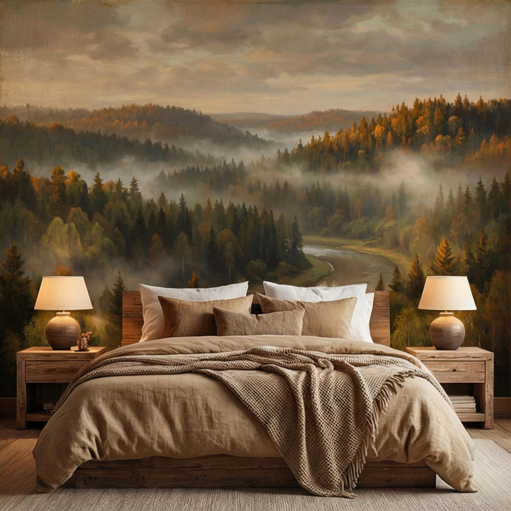 Misty Autumn Forest River Peel and Stick Wall Mural, Moody Foggy Woodland Landscape, Warm Fall Colors Nature Wallpaper