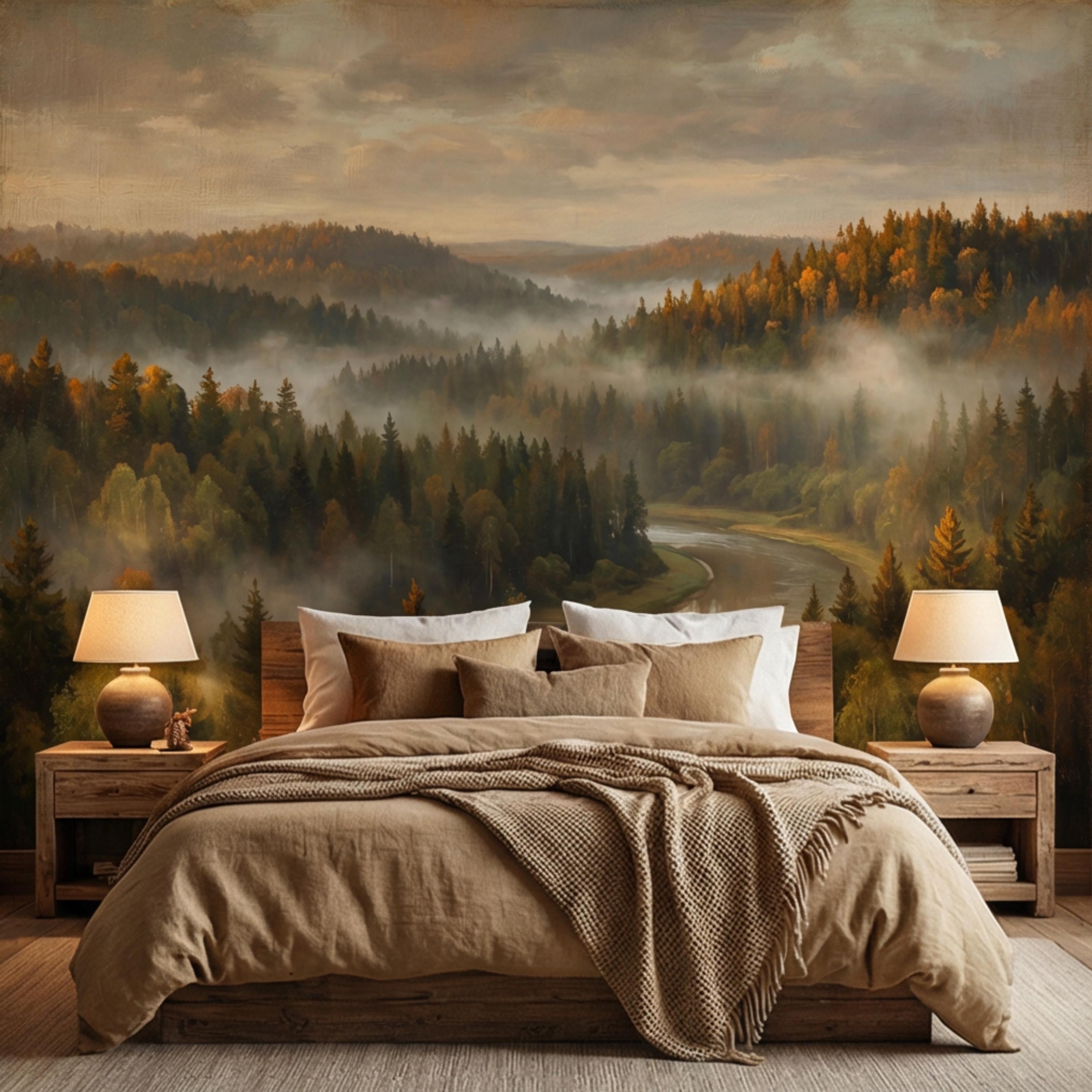 Misty Autumn Forest River Peel and Stick Wall Mural, Moody Foggy Woodland Landscape, Warm Fall Colors Nature Wallpaper