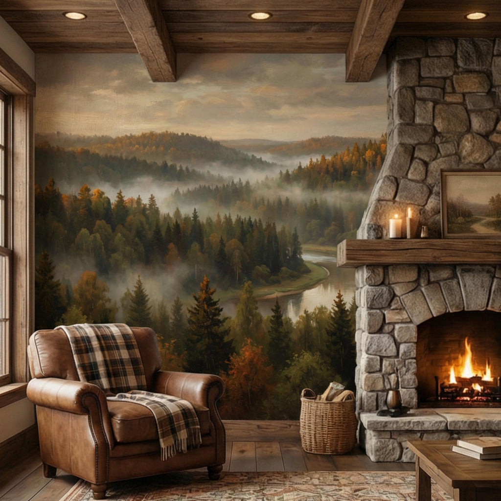 Misty Autumn Forest River Peel and Stick Wall Mural, Moody Foggy Woodland Landscape, Warm Fall Colors Nature Wallpaper