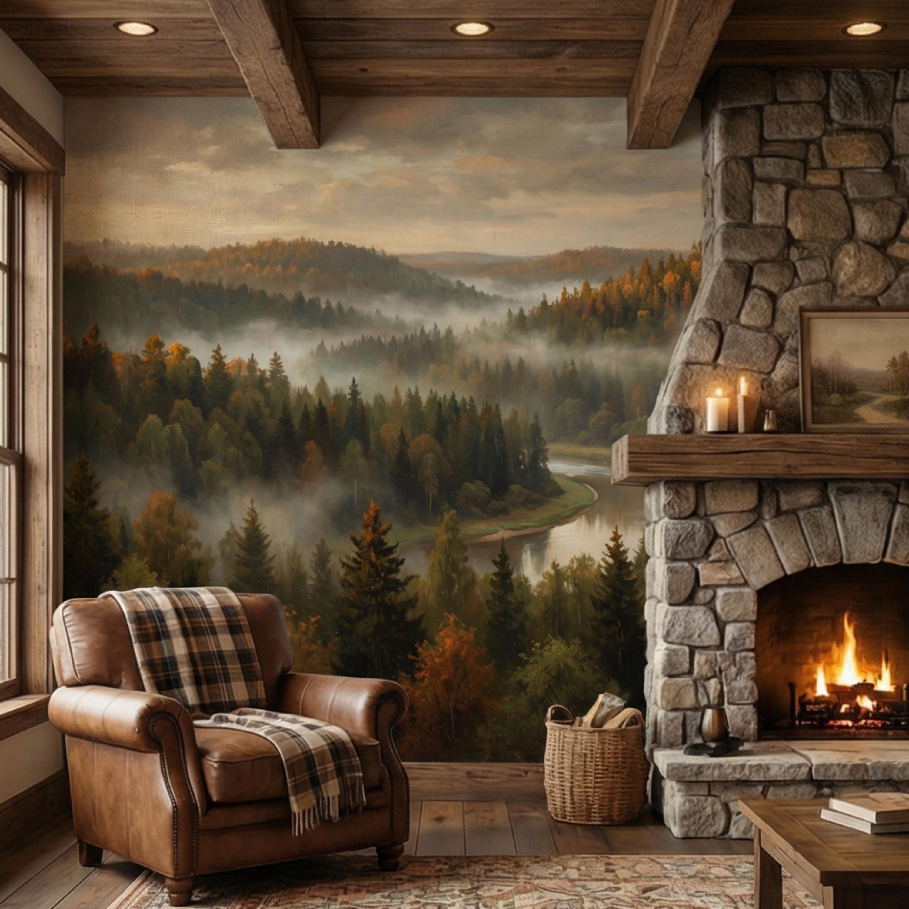 Misty Autumn Forest River Peel and Stick Wall Mural, Moody Foggy Woodland Landscape, Warm Fall Colors Nature Wallpaper