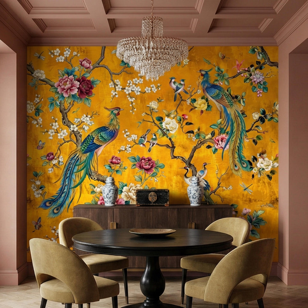 Exotic Chinoiserie Birds & Peonies Peel and Stick Wall Mural, Yellow Botanical Florals with Butterflies Grandmillennial Wallpaper