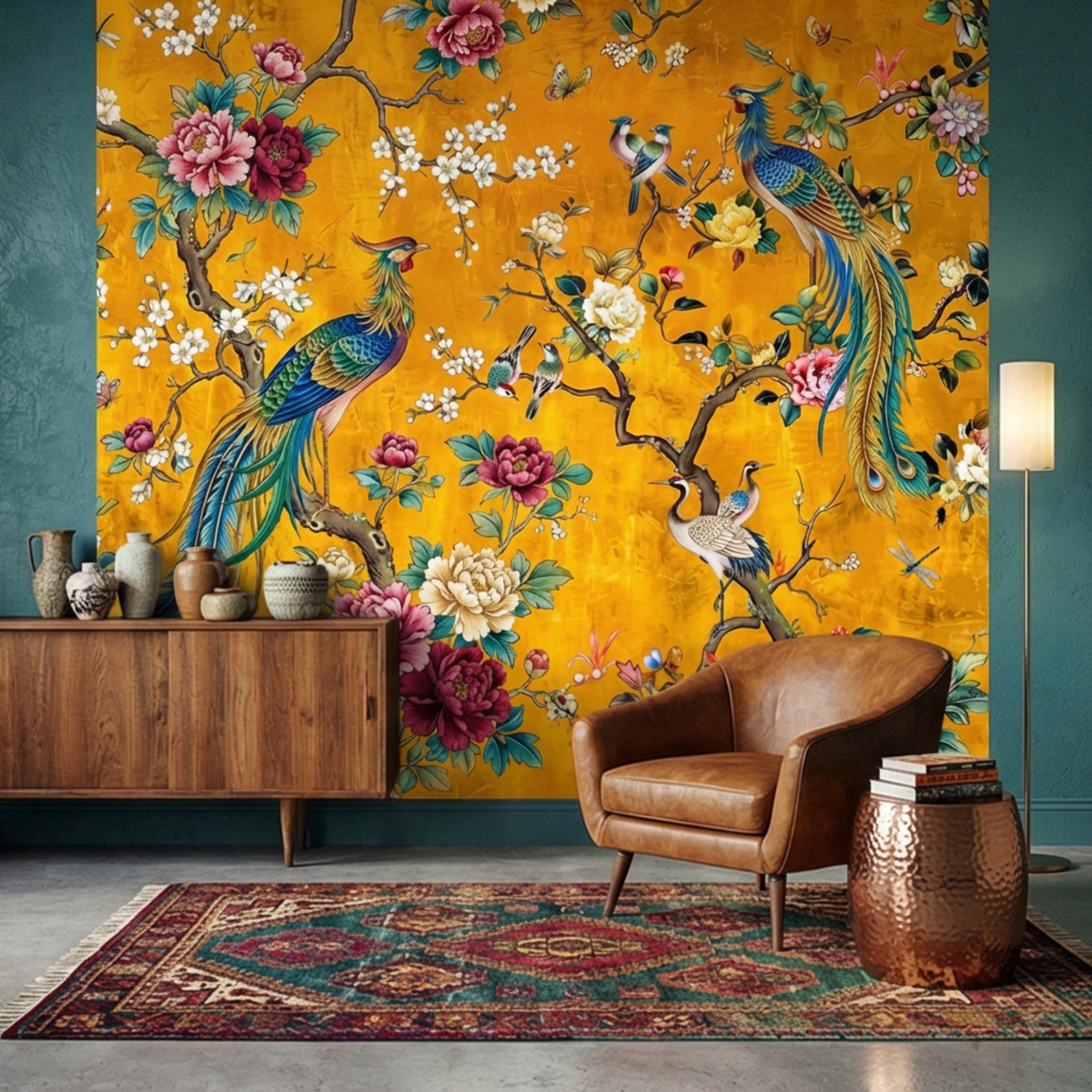 Exotic Chinoiserie Birds & Peonies Peel and Stick Wall Mural, Yellow Botanical Florals with Butterflies Grandmillennial Wallpaper