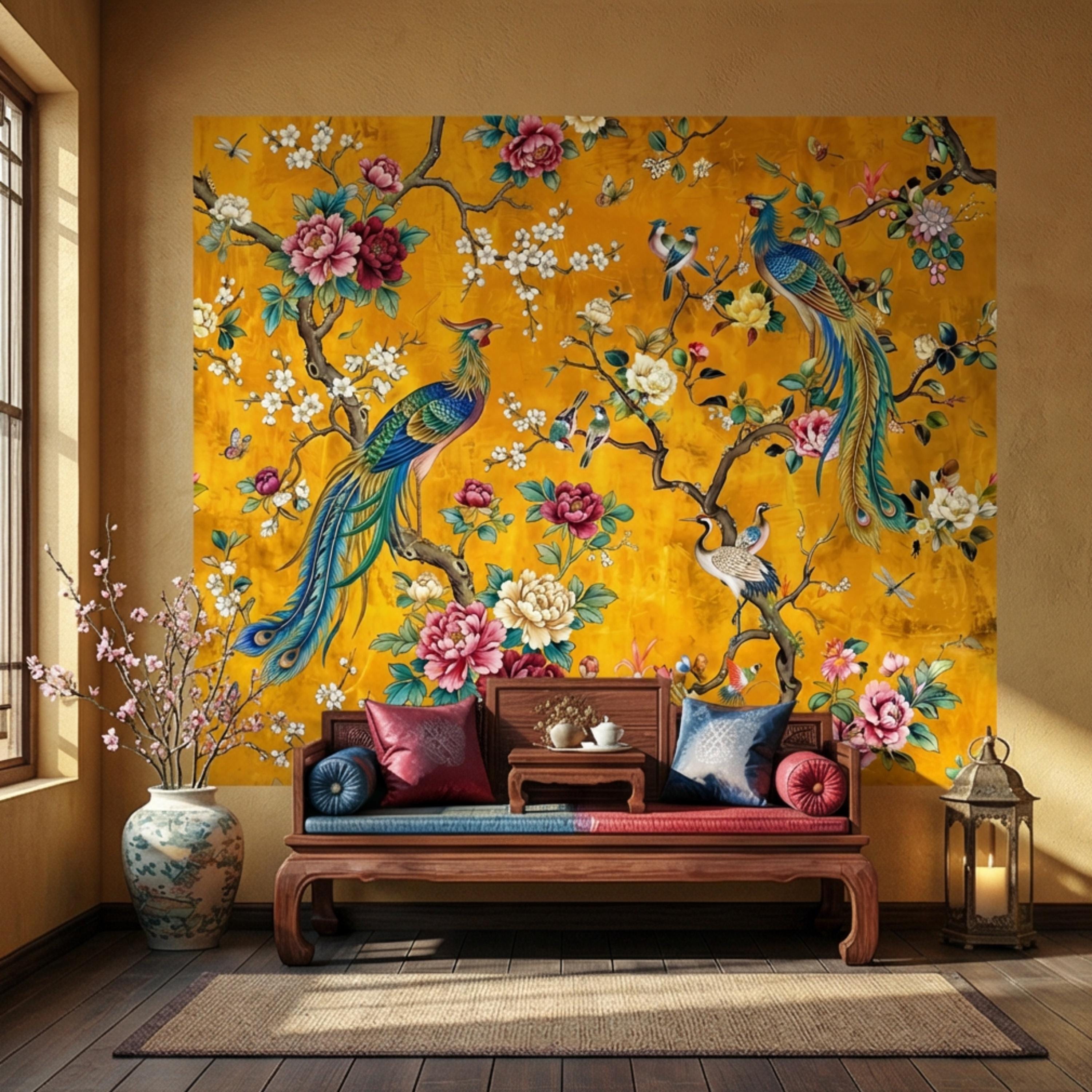 Exotic Chinoiserie Birds & Peonies Peel and Stick Wall Mural, Yellow Botanical Florals with Butterflies Grandmillennial Wallpaper