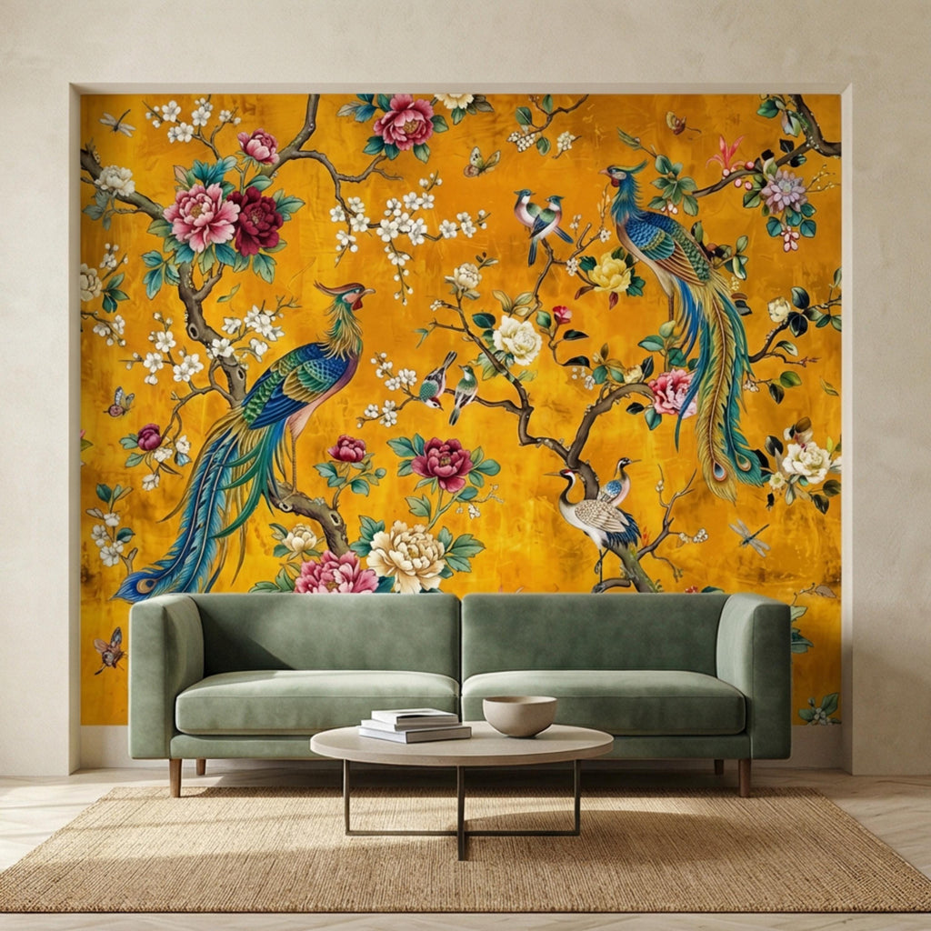 Exotic Chinoiserie Birds & Peonies Peel and Stick Wall Mural, Yellow Botanical Florals with Butterflies Grandmillennial Wallpaper