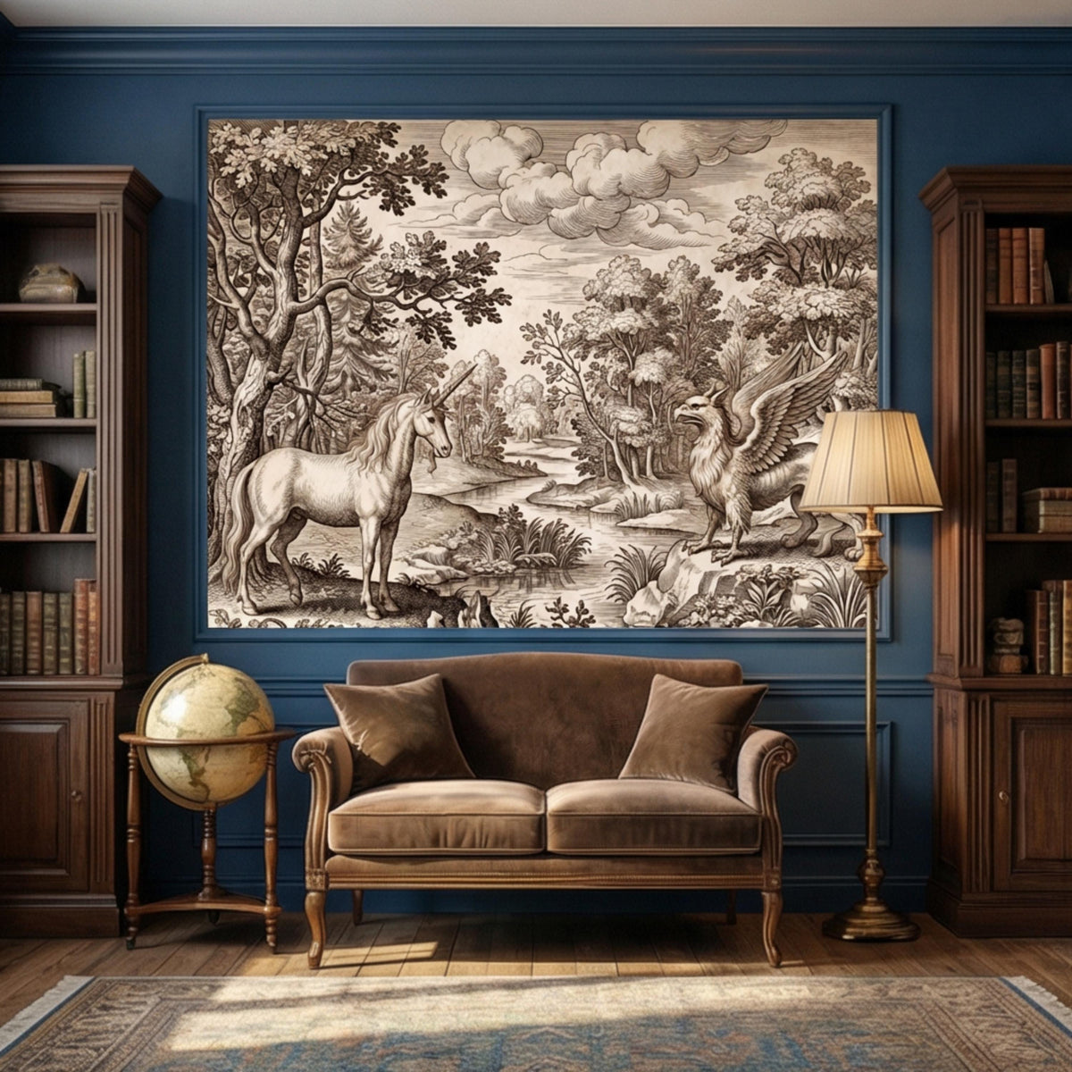 Framed unicorn and griffin woodland wall mural in vintage black-and-white engraving style