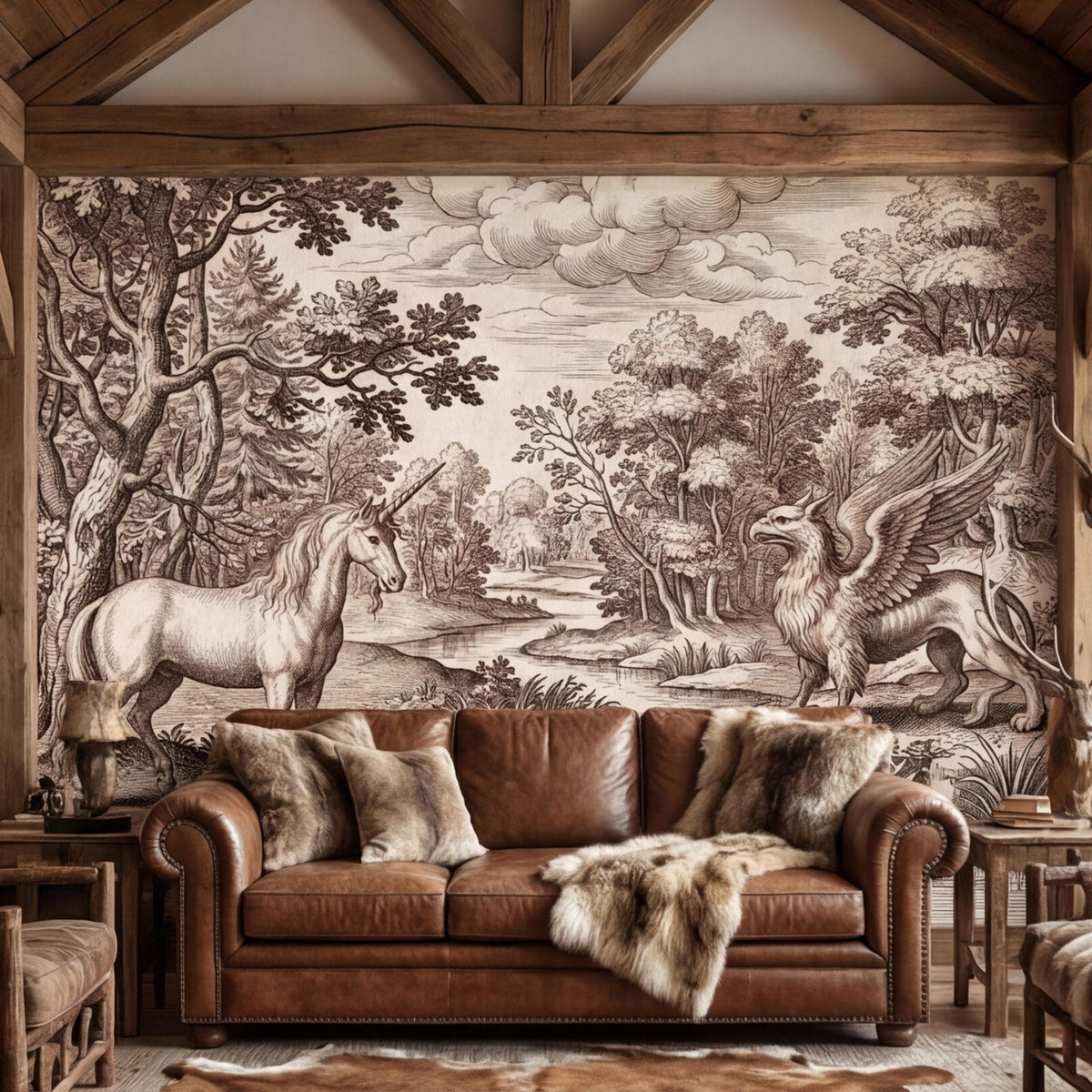 Vintage monochrome woodland wall mural with unicorn and griffin over a river landscape