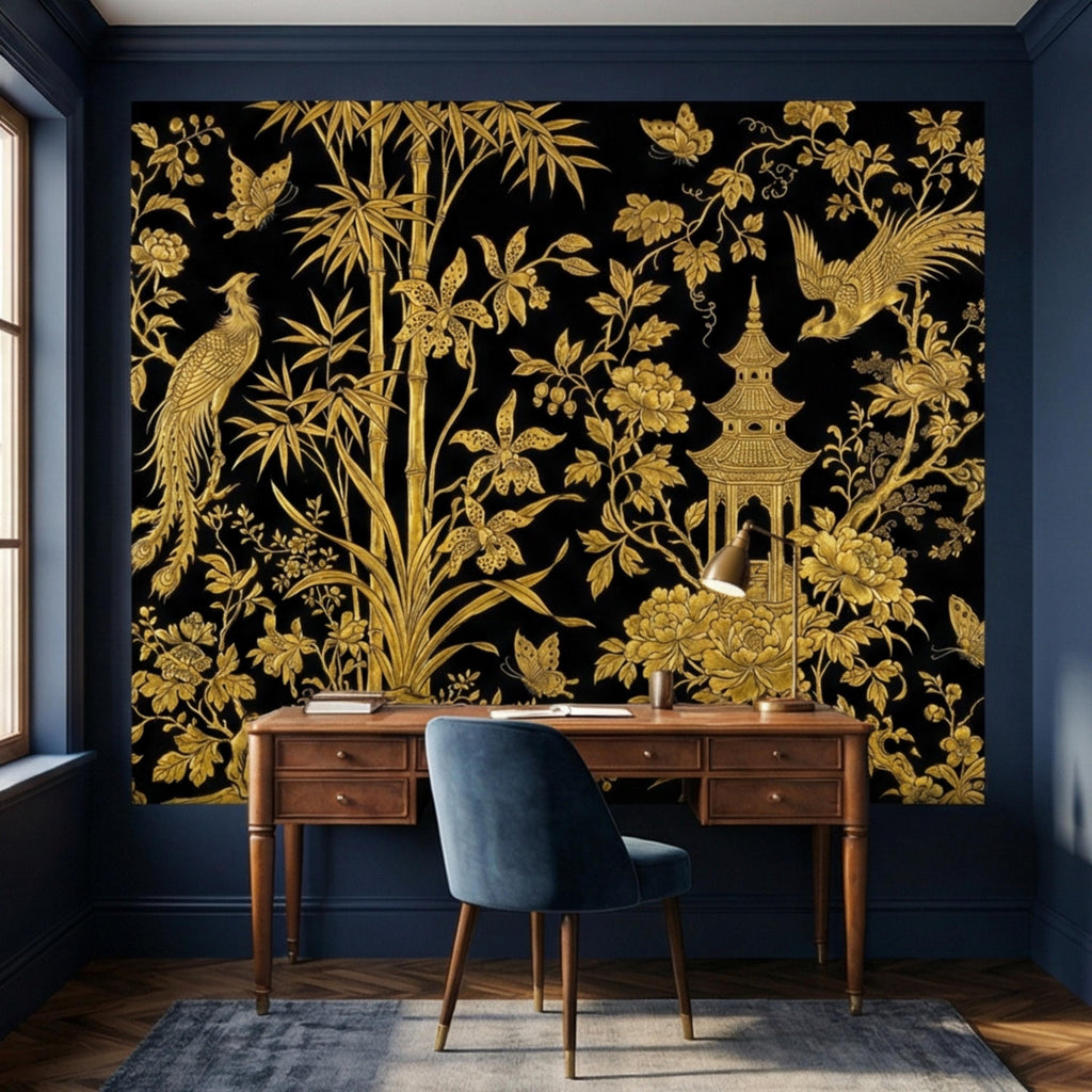 Luxe Black & Gold Botanical Asian Chinoiserie Peel and Stick Wall Mural, Bamboo Peony Pagoda Birds Butterflies Wallpaper