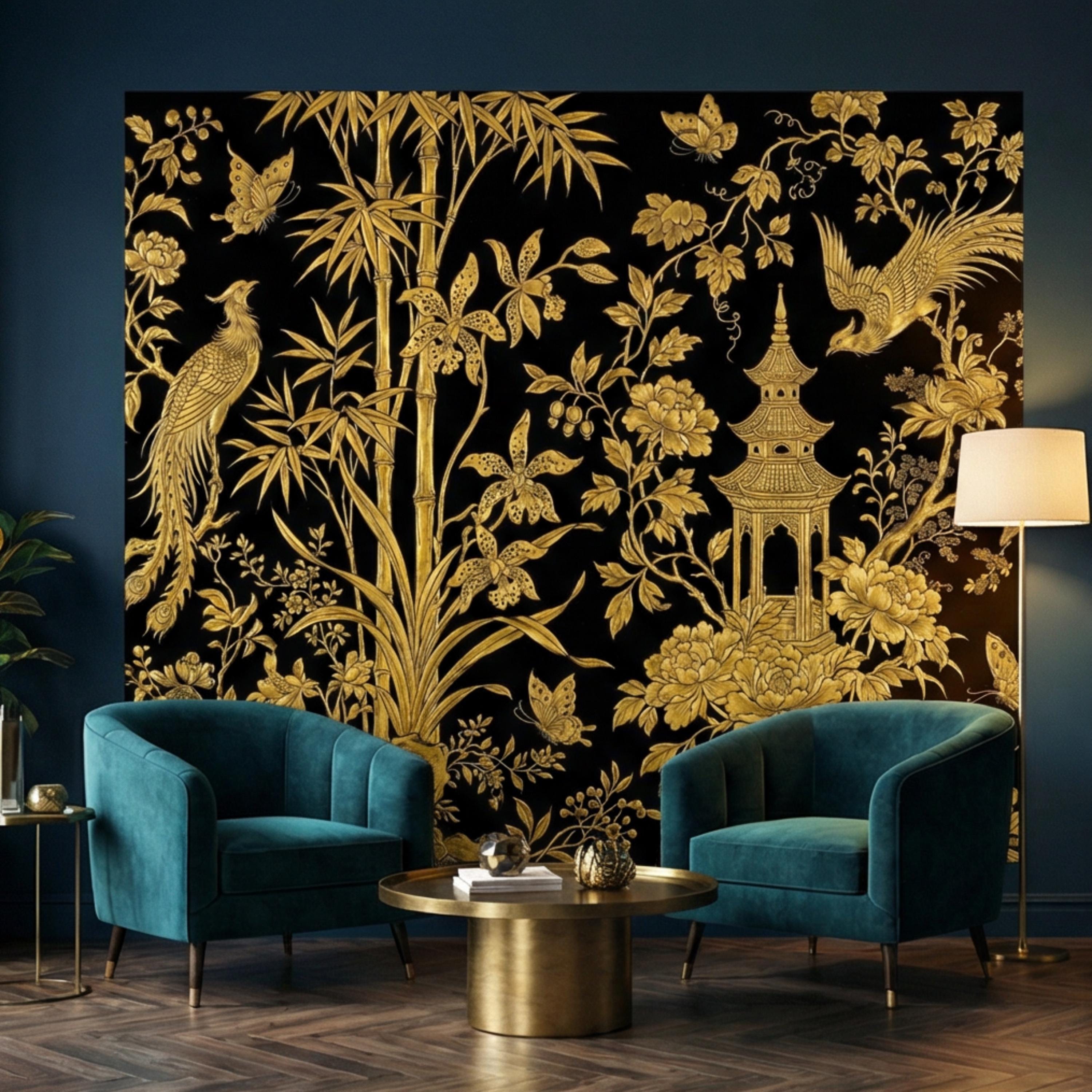 Luxe Black & Gold Botanical Asian Chinoiserie Peel and Stick Wall Mural, Bamboo Peony Pagoda Birds Butterflies Wallpaper
