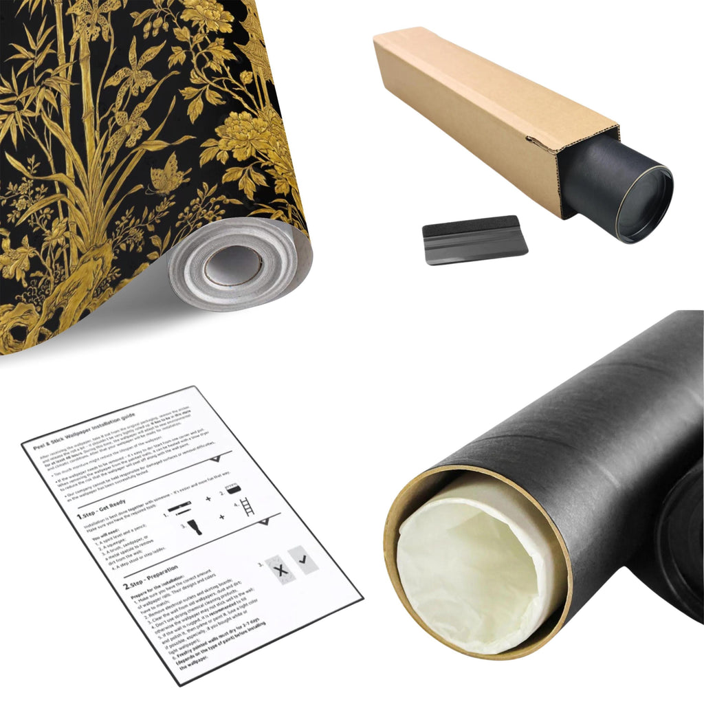 Luxe Black & Gold Botanical Asian Chinoiserie Peel and Stick Wall Mural, Bamboo Peony Pagoda Birds Butterflies Wallpaper