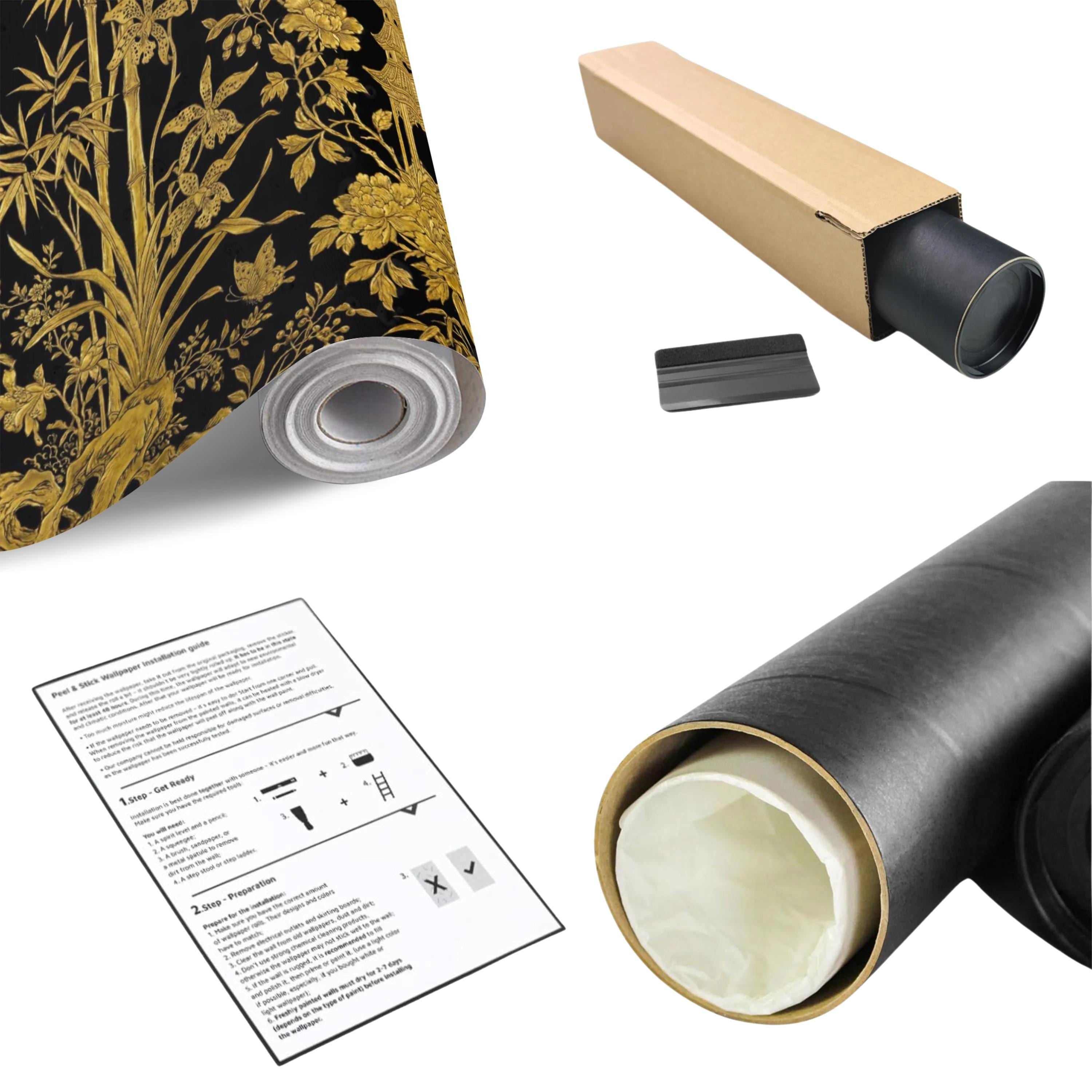 Luxe Black & Gold Botanical Asian Chinoiserie Peel and Stick Wall Mural, Bamboo Peony Pagoda Birds Butterflies Wallpaper