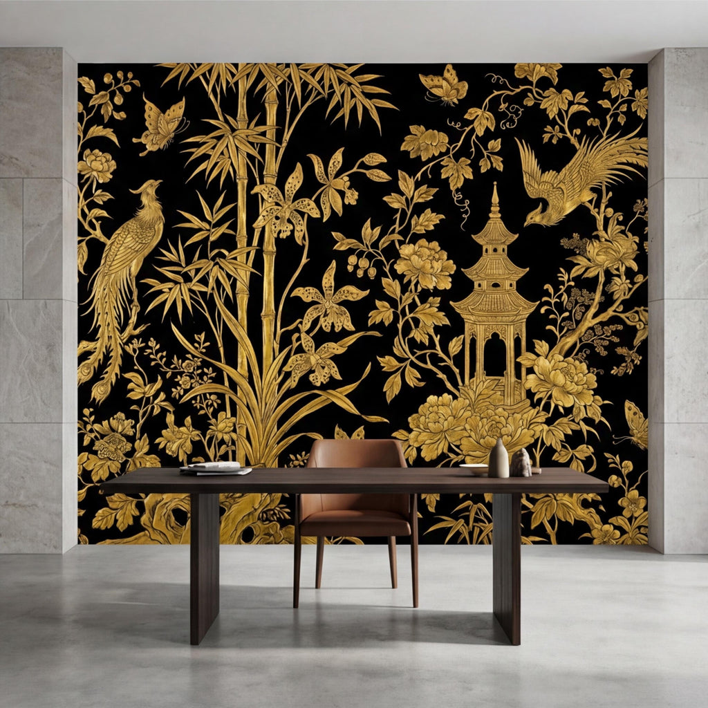 Luxe Black & Gold Botanical Asian Chinoiserie Peel and Stick Wall Mural, Bamboo Peony Pagoda Birds Butterflies Wallpaper