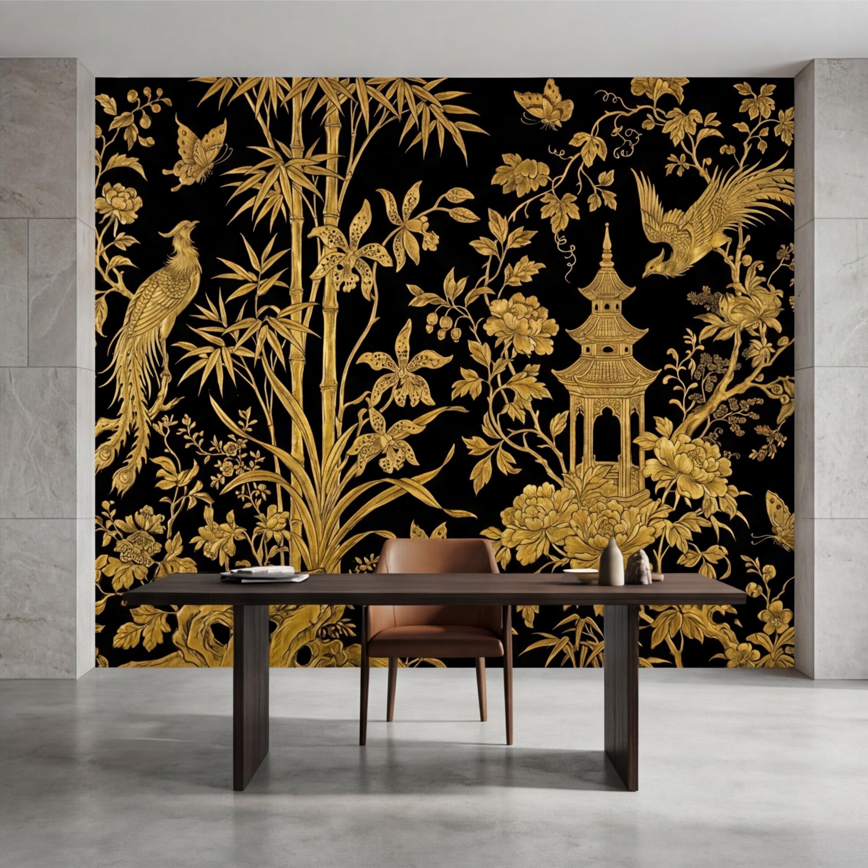 Luxe Black & Gold Botanical Asian Chinoiserie Peel and Stick Wall Mural, Bamboo Peony Pagoda Birds Butterflies Wallpaper