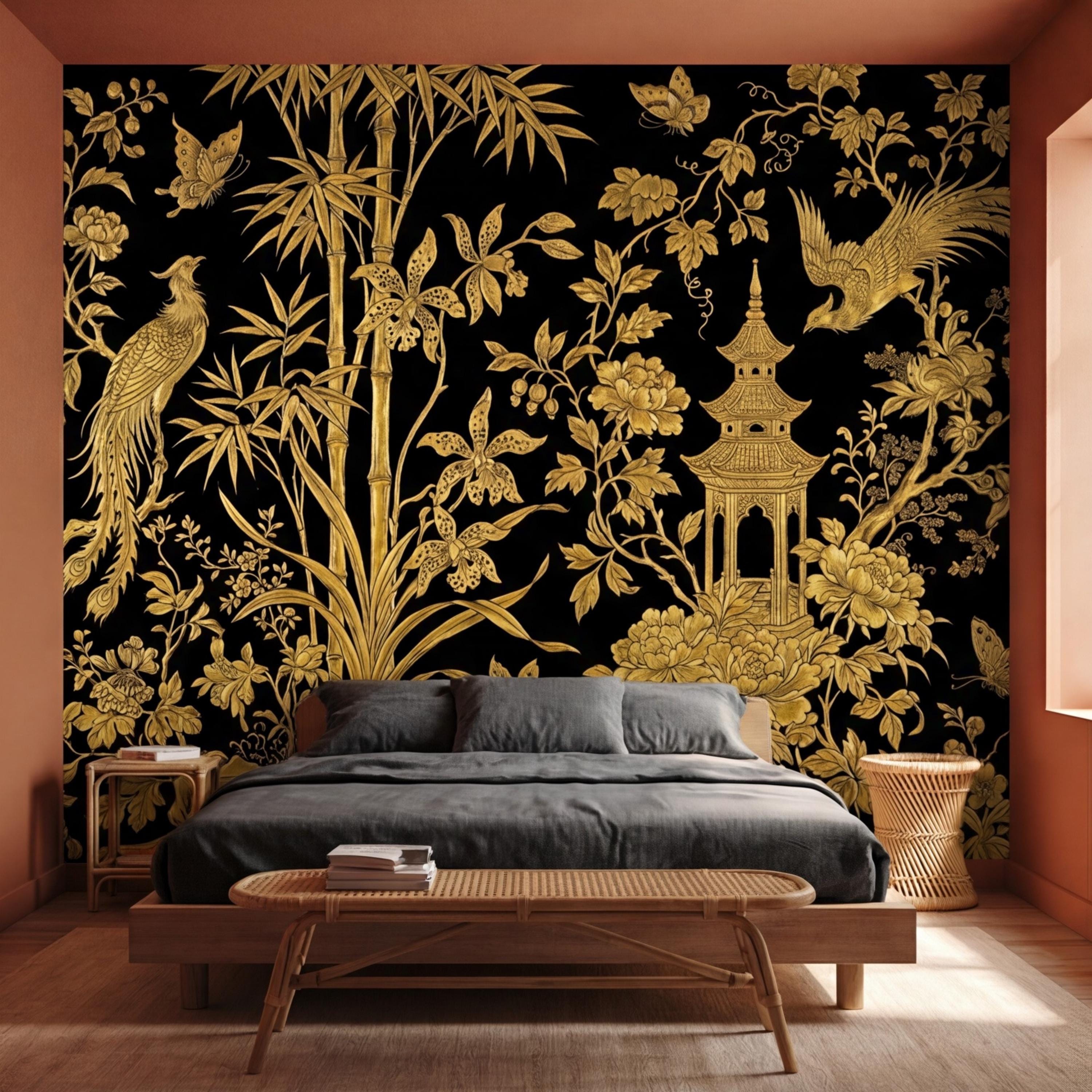 Luxe Black & Gold Botanical Asian Chinoiserie Peel and Stick Wall Mural, Bamboo Peony Pagoda Birds Butterflies Wallpaper