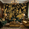 Luxe Black & Gold Botanical Asian Chinoiserie Peel and Stick Wall Mural, Bamboo Peony Pagoda Birds Butterflies Wallpaper