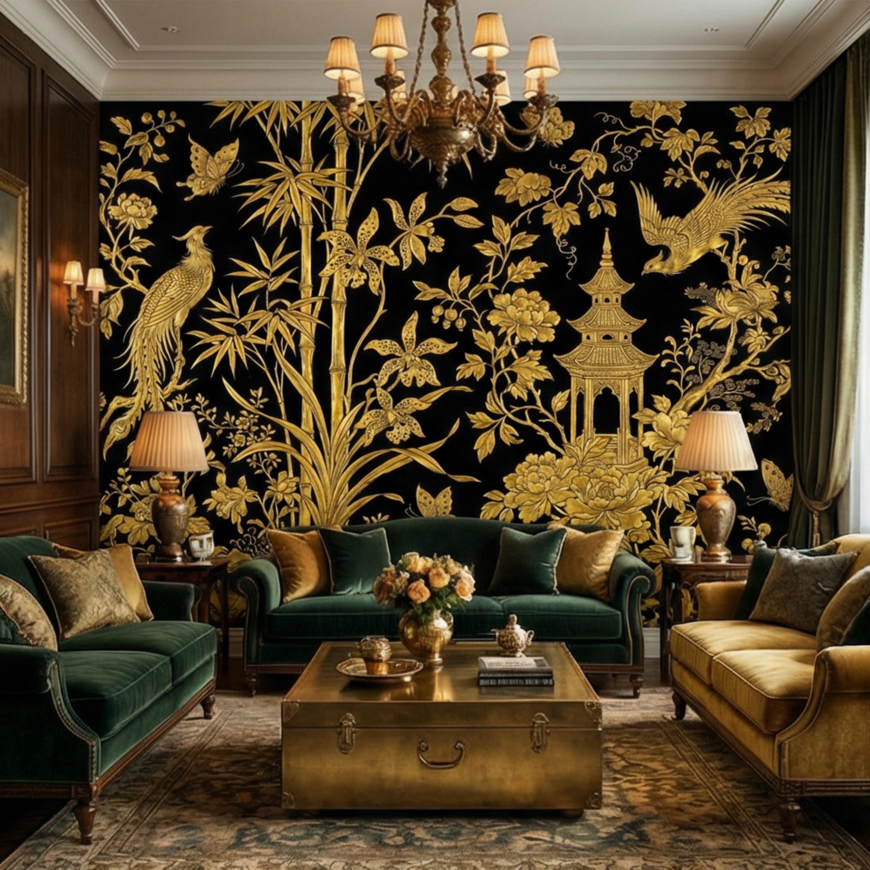 Luxe Black & Gold Botanical Asian Chinoiserie Peel and Stick Wall Mural, Bamboo Peony Pagoda Birds Butterflies Wallpaper