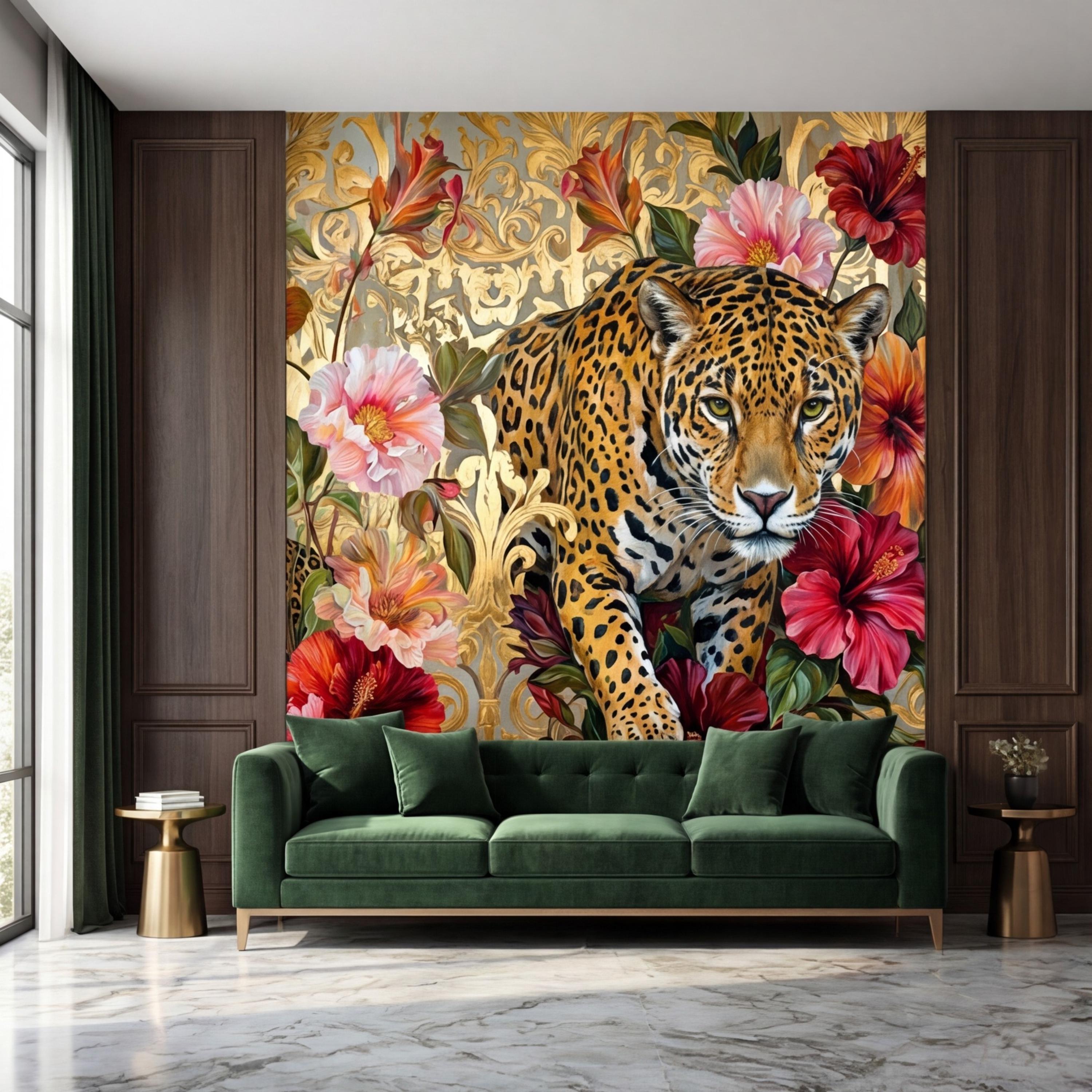 Luxury Gold Baroque Leopard in Hibiscus Flowers Peel and Stick Wall Mural, Glam Jungle Botanical Tropical Wallpaper