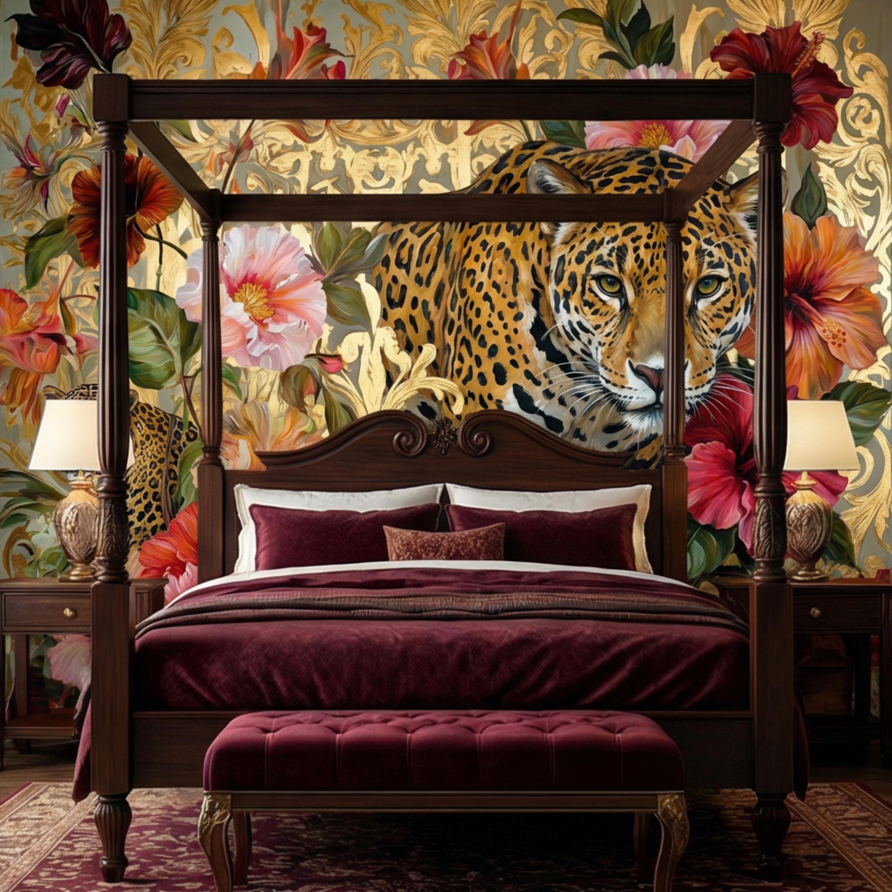Luxury Gold Baroque Leopard in Hibiscus Flowers Peel and Stick Wall Mural, Glam Jungle Botanical Tropical Wallpaper