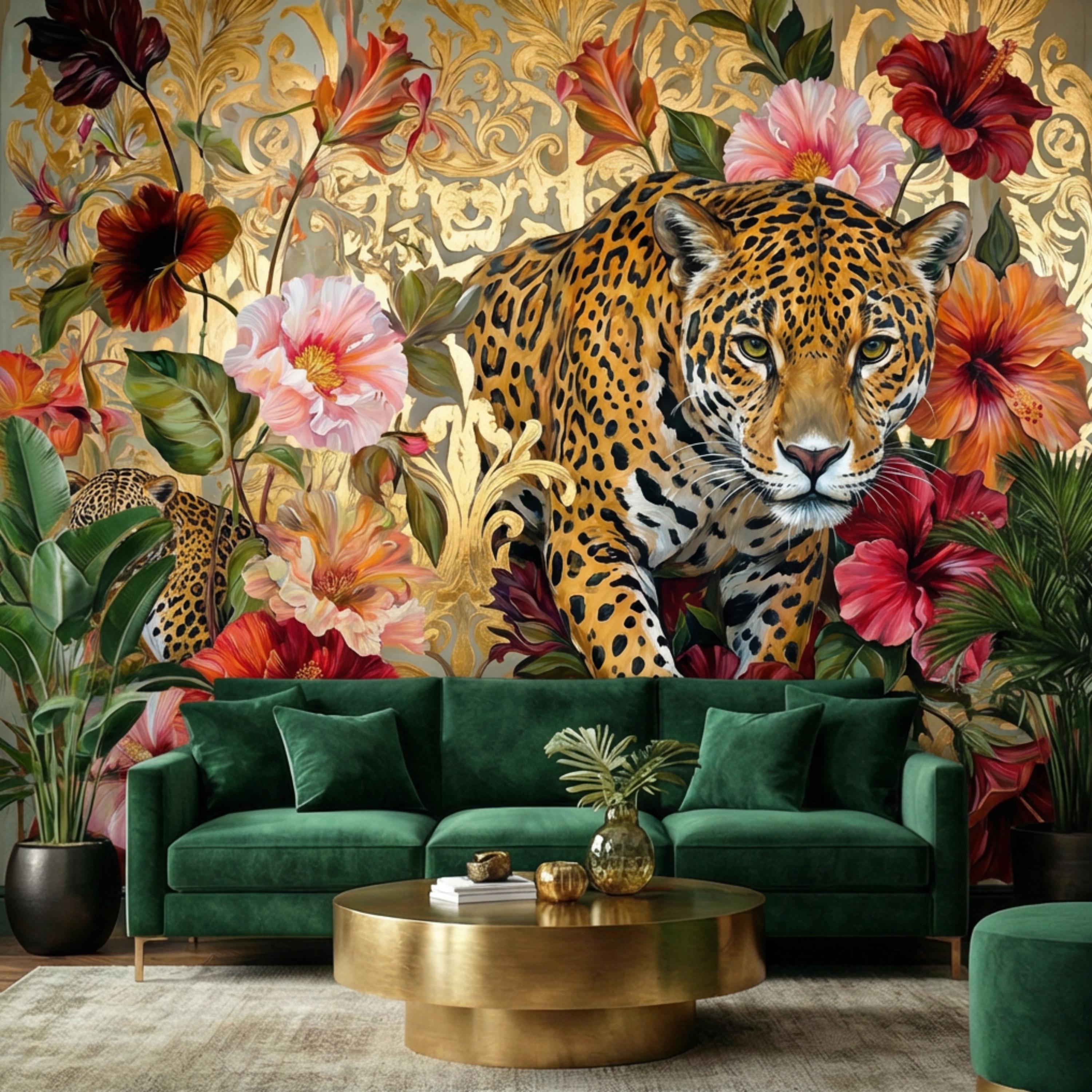 Luxury Gold Baroque Leopard in Hibiscus Flowers Peel and Stick Wall Mural, Glam Jungle Botanical Tropical Wallpaper
