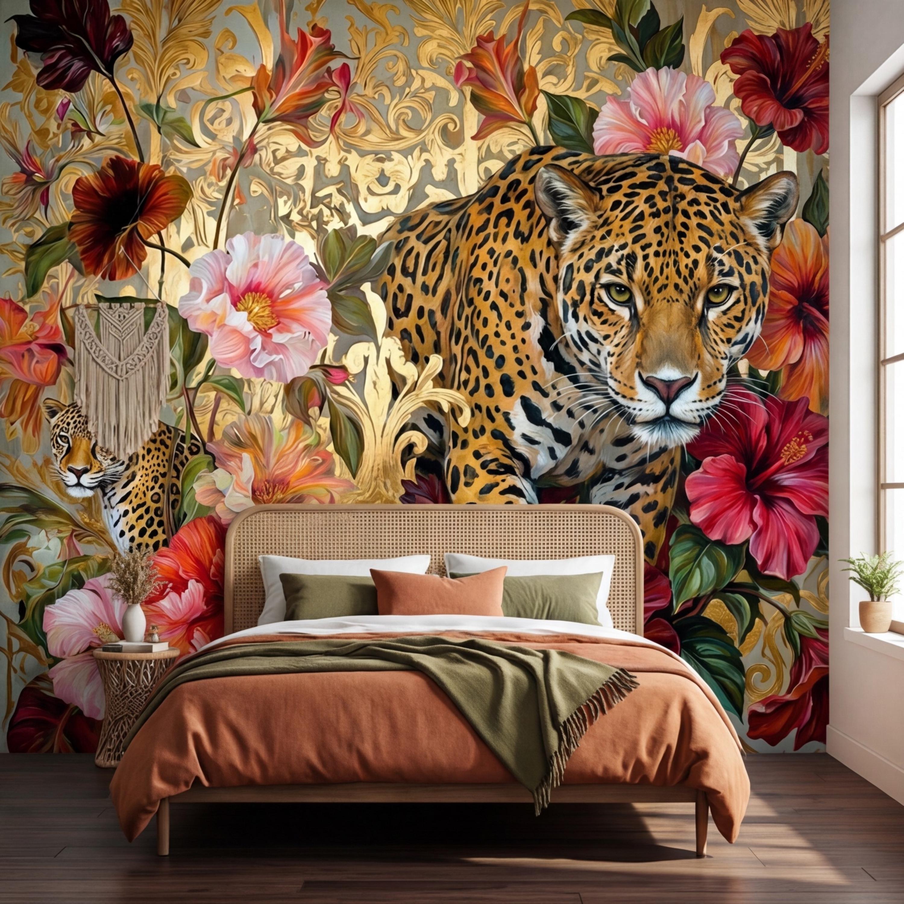Luxury Gold Baroque Leopard in Hibiscus Flowers Peel and Stick Wall Mural, Glam Jungle Botanical Tropical Wallpaper