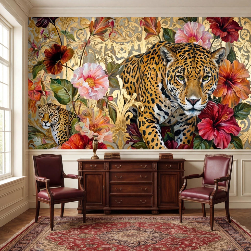 Luxury Gold Baroque Leopard in Hibiscus Flowers Peel and Stick Wall Mural, Glam Jungle Botanical Tropical Wallpaper