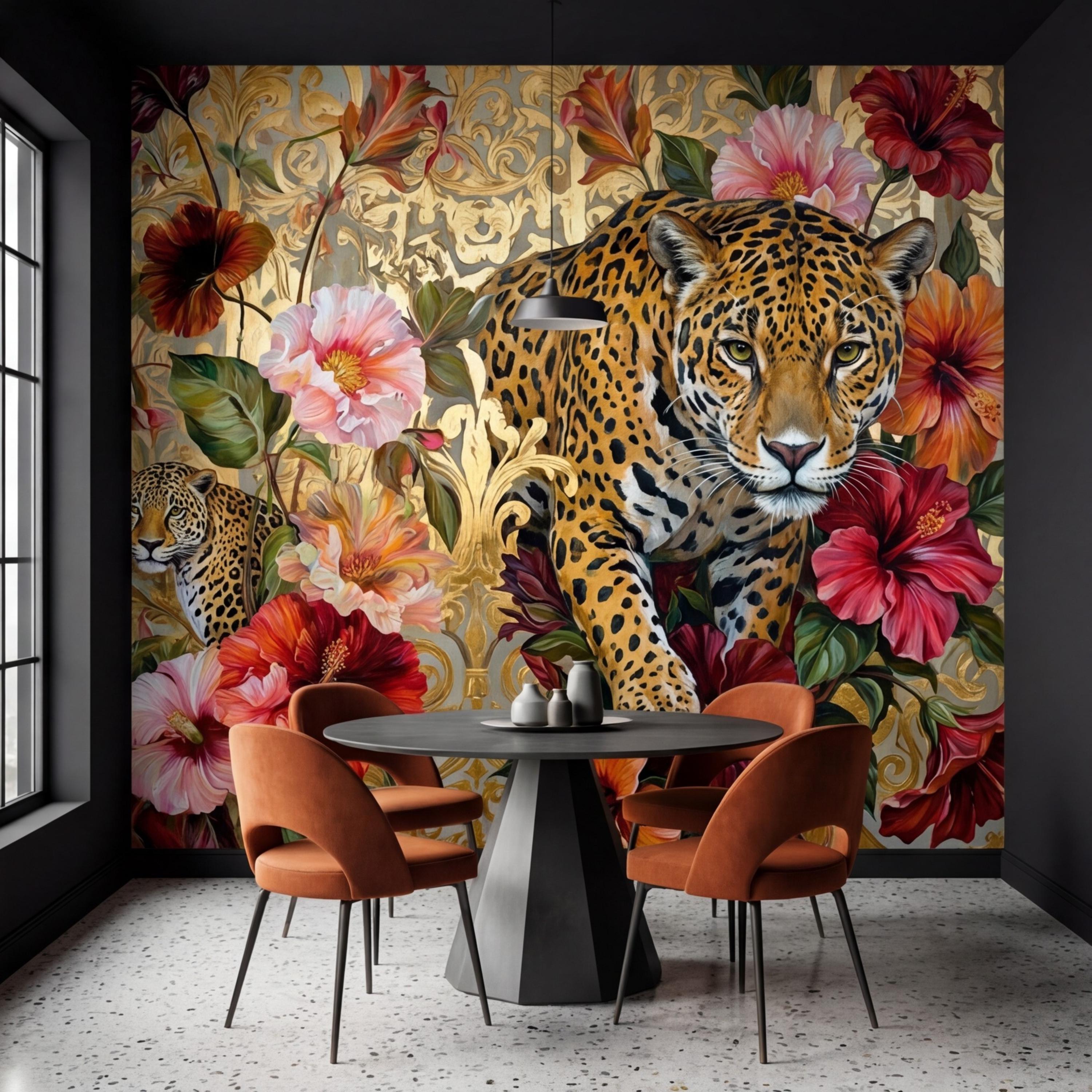 Luxury Gold Baroque Leopard in Hibiscus Flowers Peel and Stick Wall Mural, Glam Jungle Botanical Tropical Wallpaper