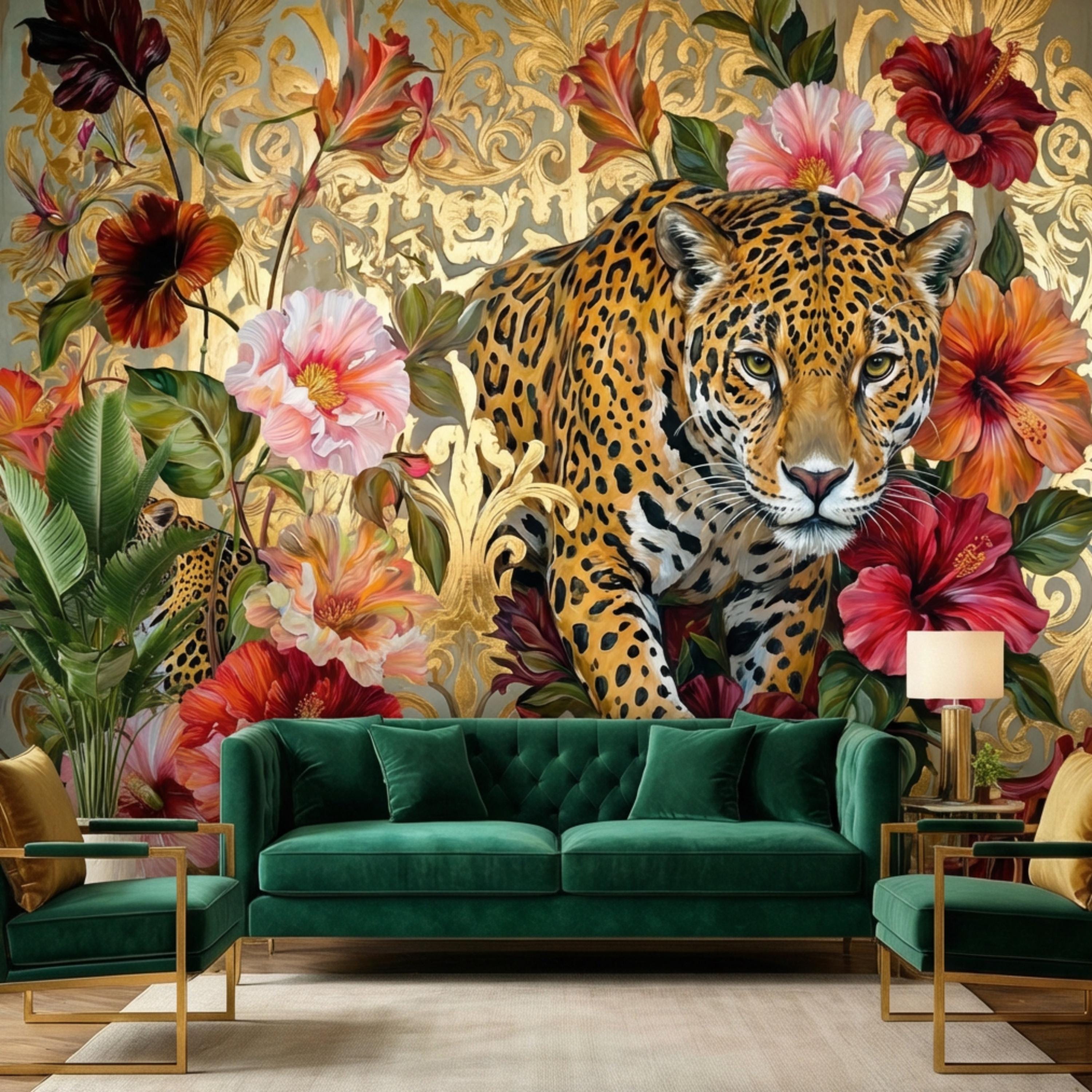 Luxury Gold Baroque Leopard in Hibiscus Flowers Peel and Stick Wall Mural, Glam Jungle Botanical Tropical Wallpaper