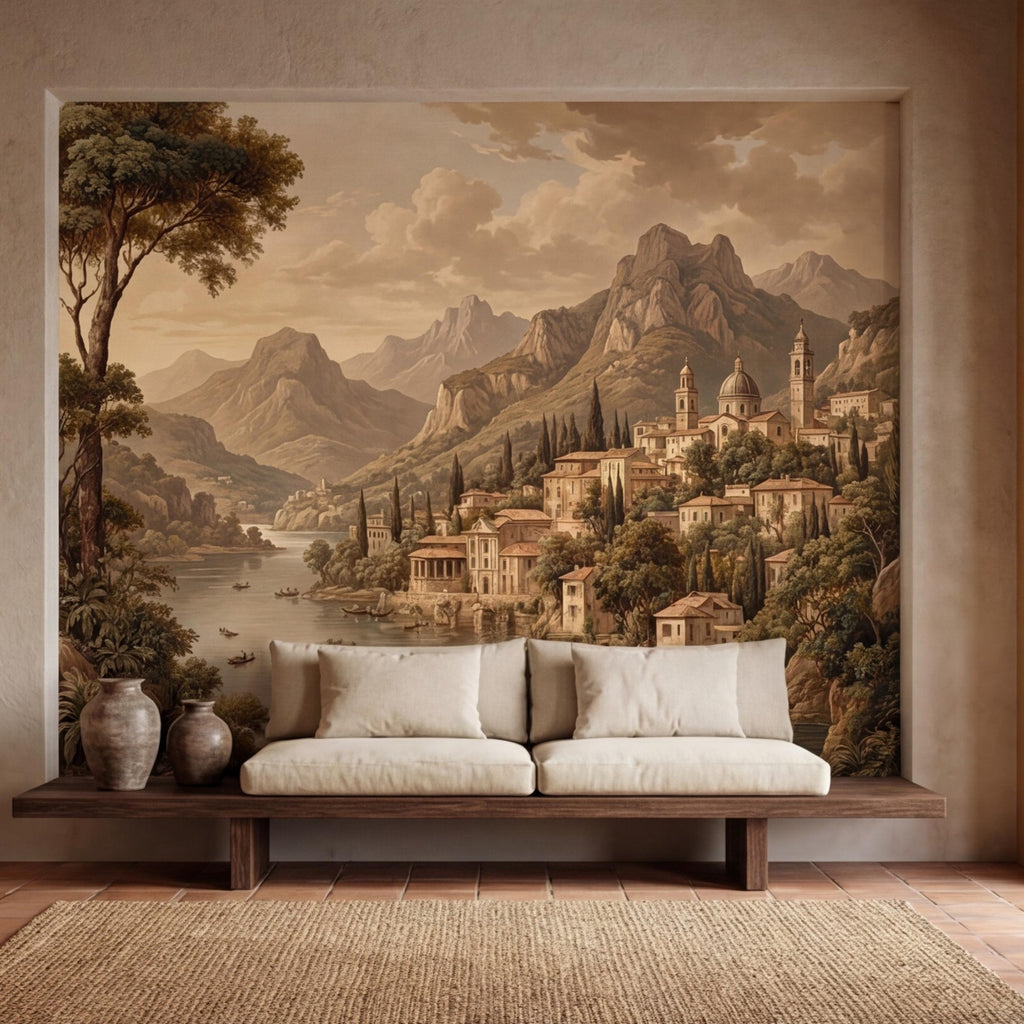 Vintage Italian Lake Village Landscape Peel and Stick Wall Mural, Mediterranean Mountain Lake European Scenic Wallpaper
