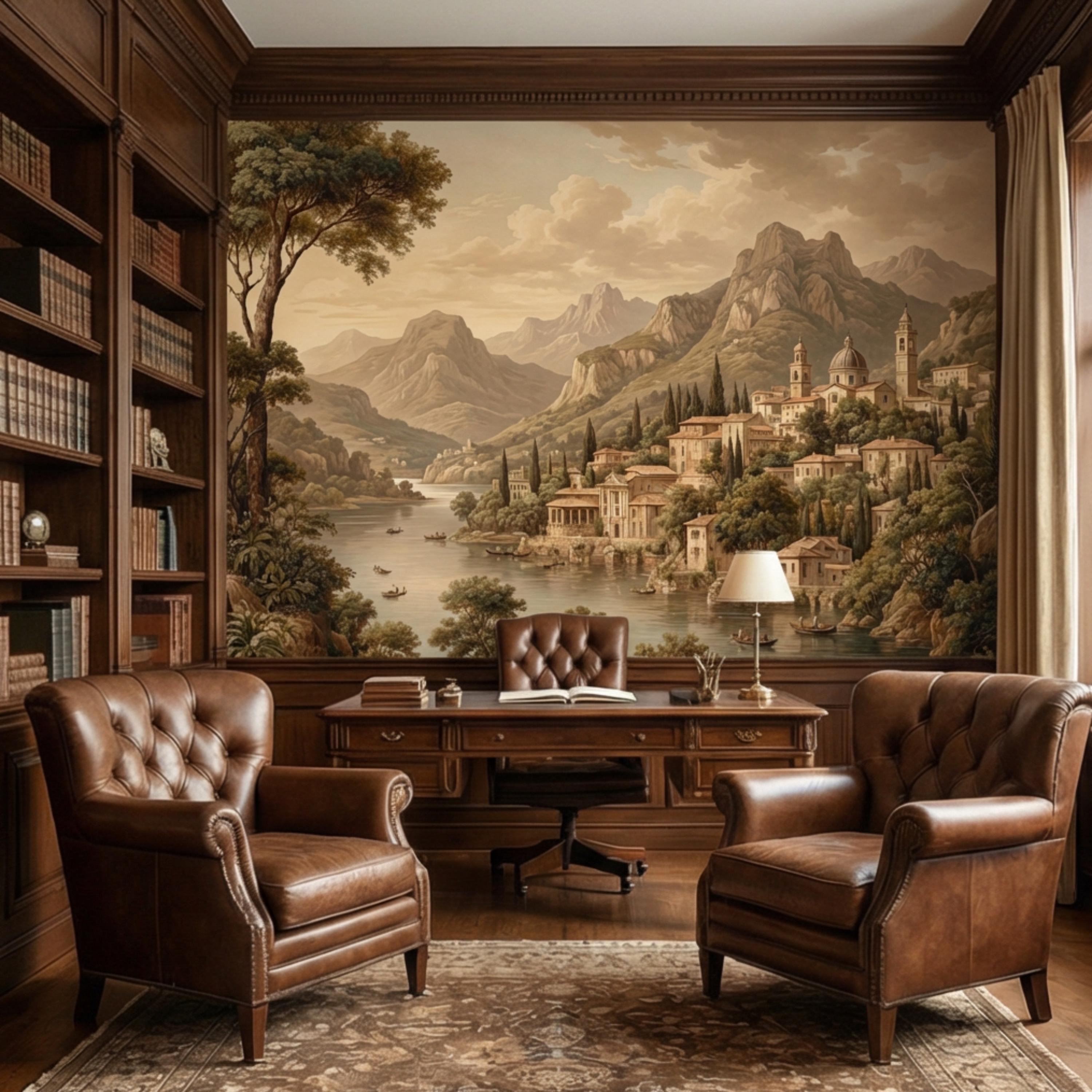 Vintage Italian Lake Village Landscape Peel and Stick Wall Mural, Mediterranean Mountain Lake European Scenic Wallpaper