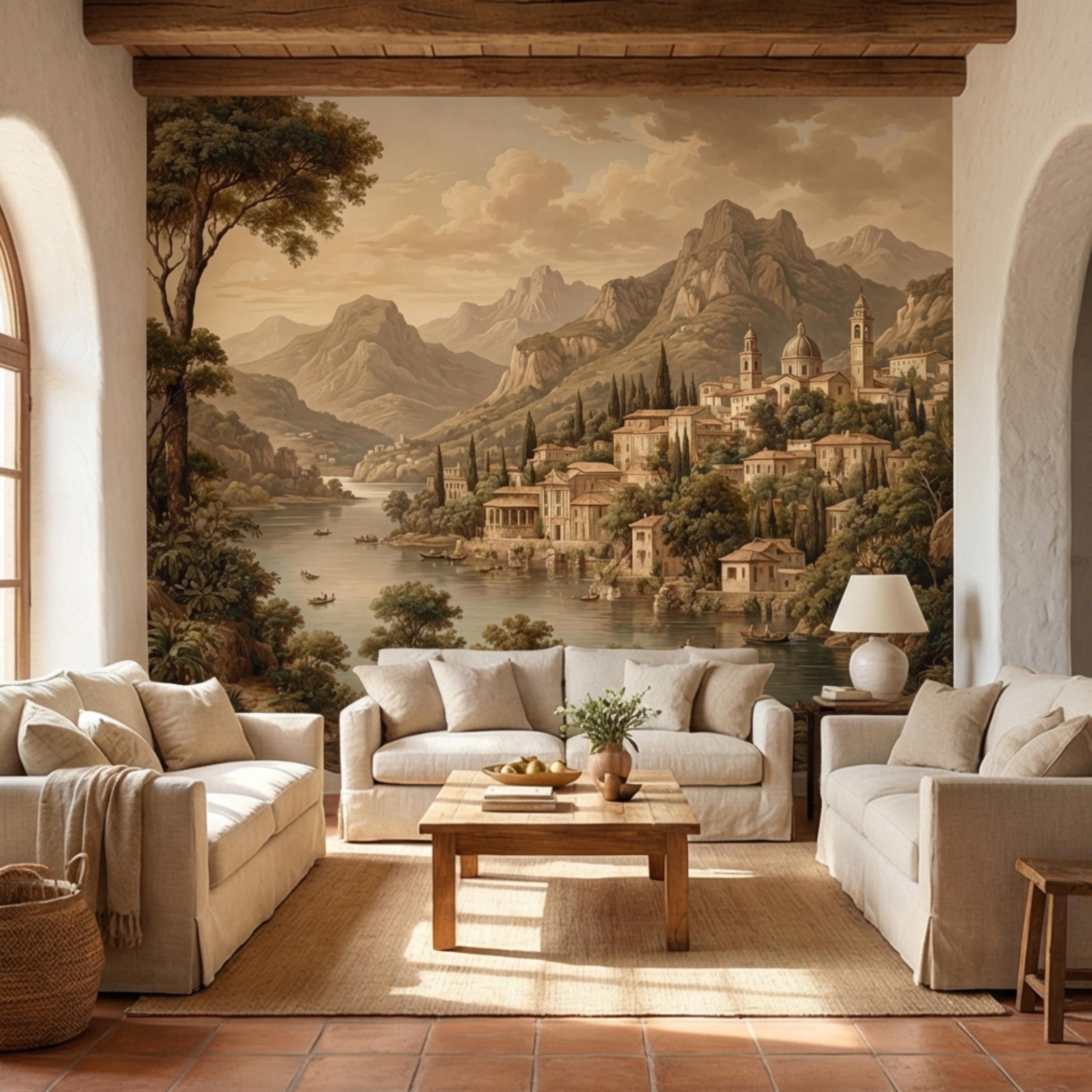 Vintage Italian Lake Village Landscape Peel and Stick Wall Mural, Mediterranean Mountain Lake European Scenic Wallpaper