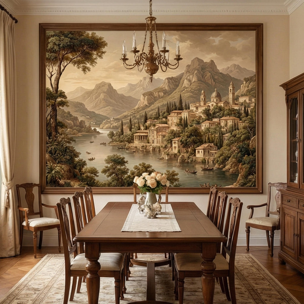 Vintage Italian Lake Village Landscape Peel and Stick Wall Mural, Mediterranean Mountain Lake European Scenic Wallpaper