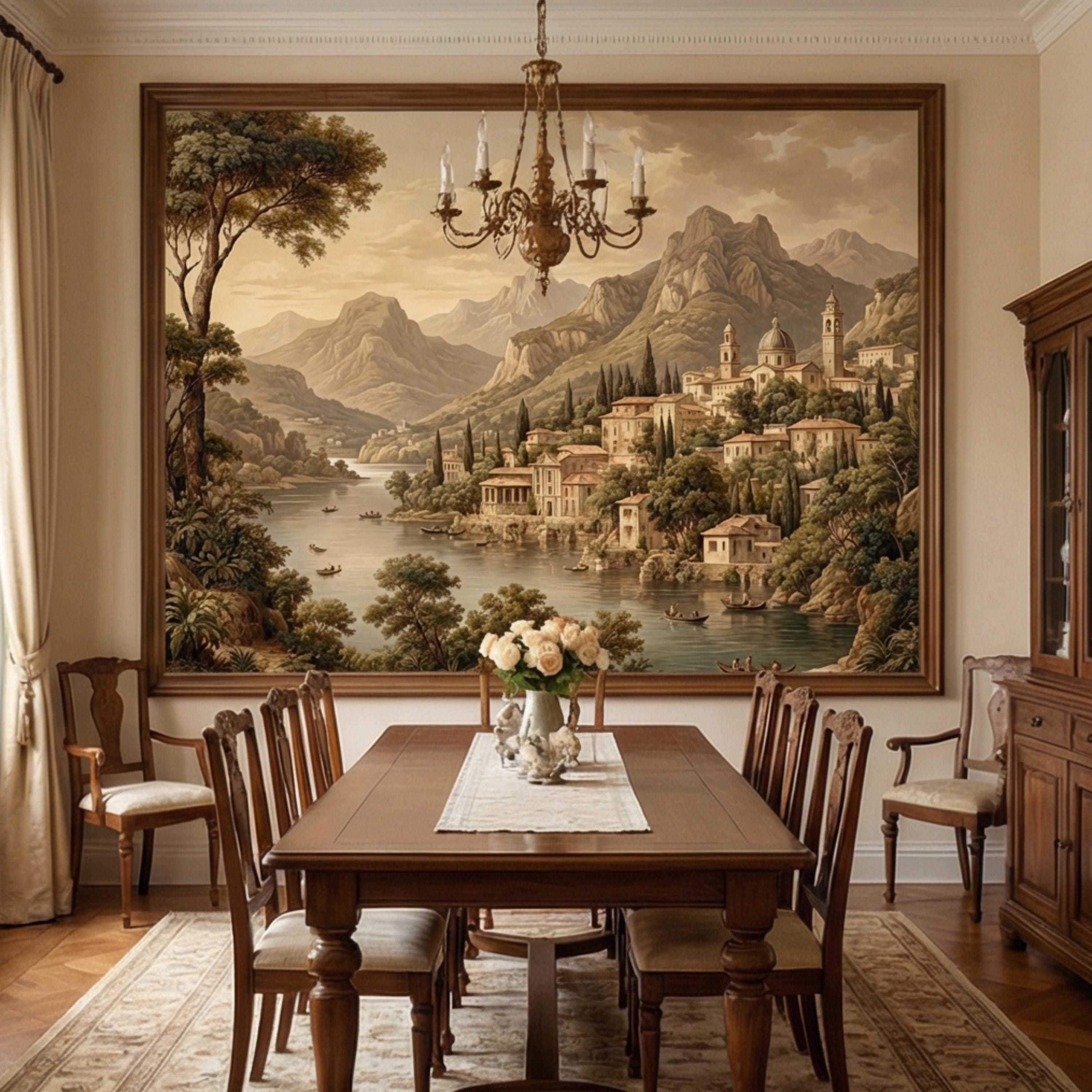 Vintage Italian Lake Village Landscape Peel and Stick Wall Mural, Mediterranean Mountain Lake European Scenic Wallpaper