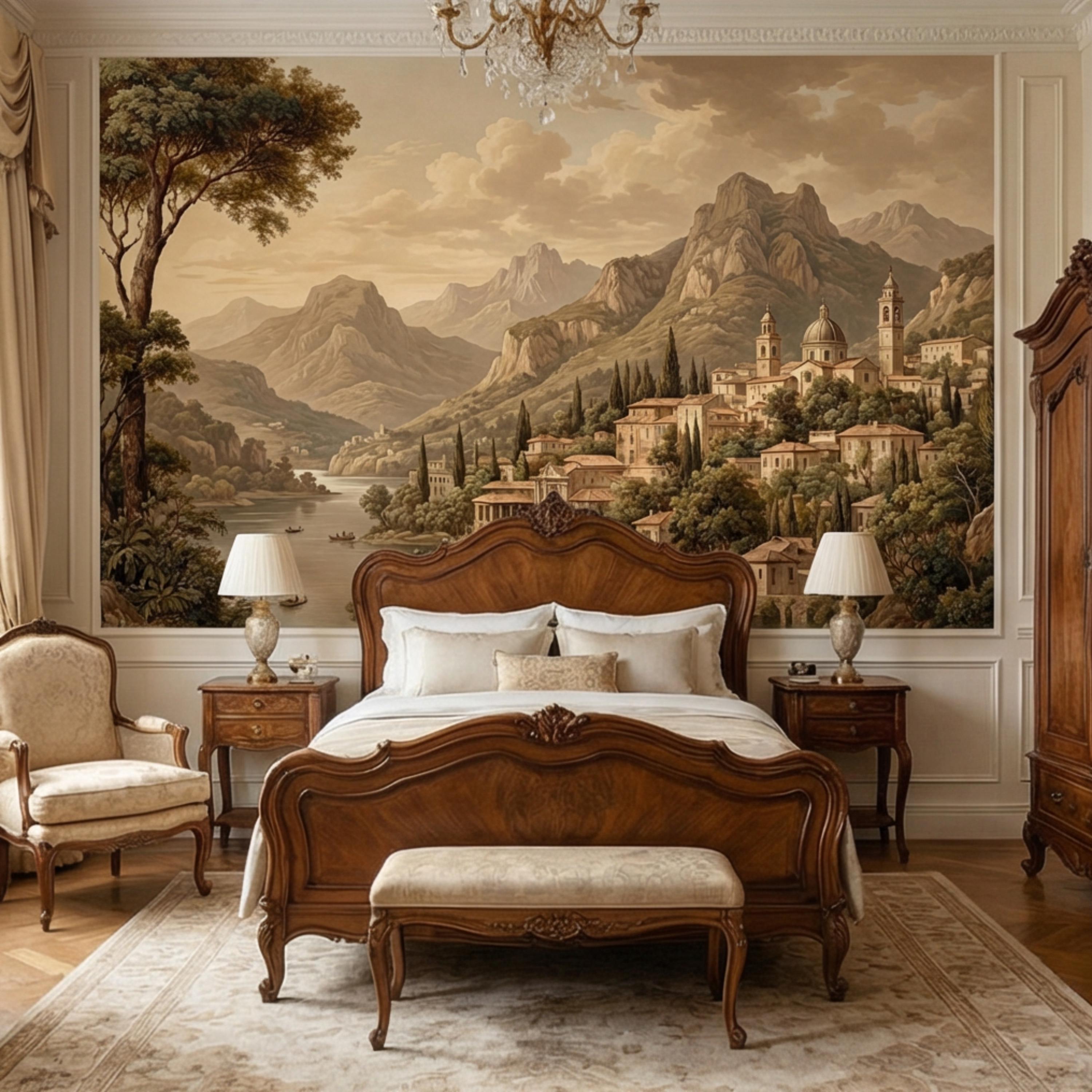 Vintage Italian Lake Village Landscape Peel and Stick Wall Mural, Mediterranean Mountain Lake European Scenic Wallpaper