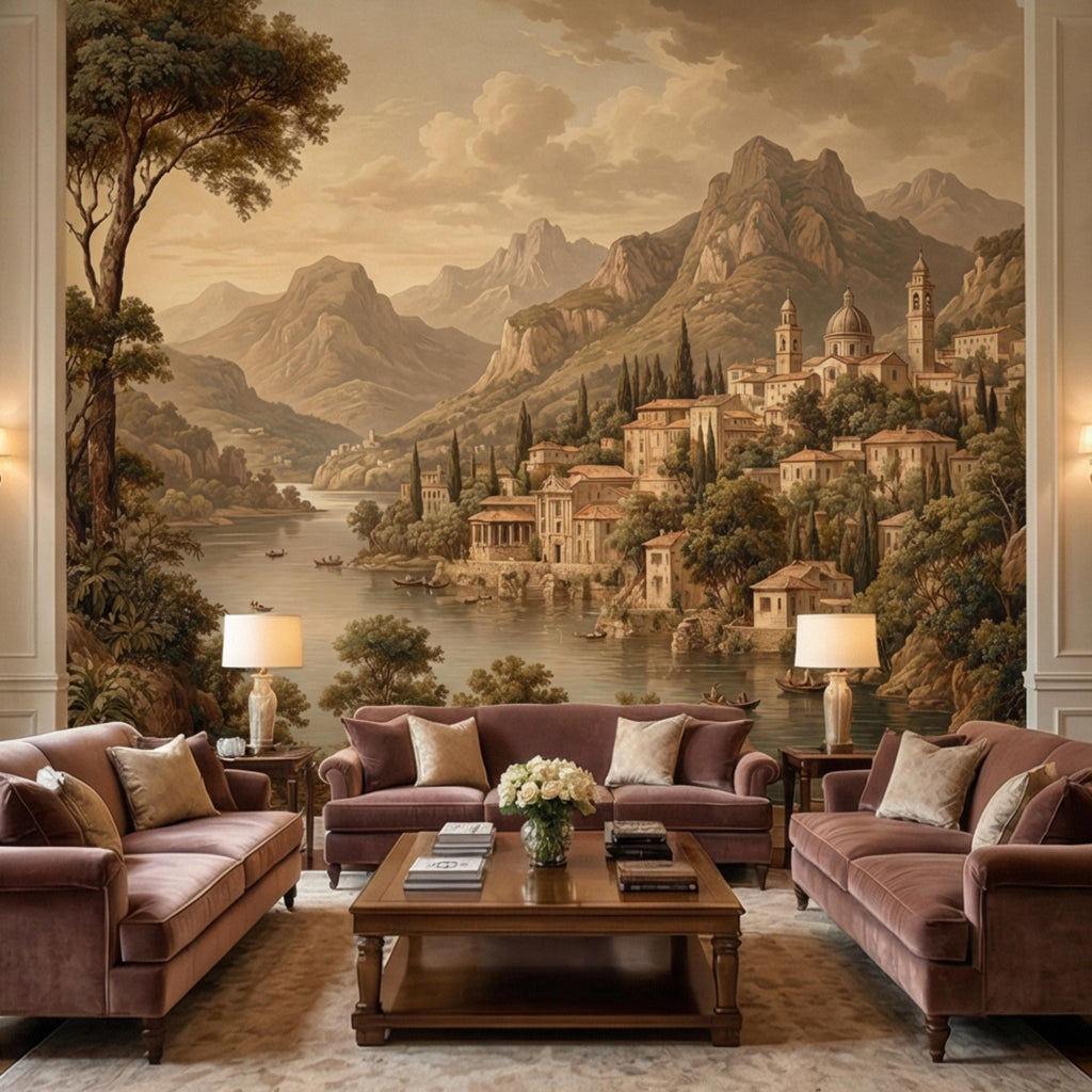 Vintage Italian Lake Village Landscape Peel and Stick Wall Mural, Mediterranean Mountain Lake European Scenic Wallpaper