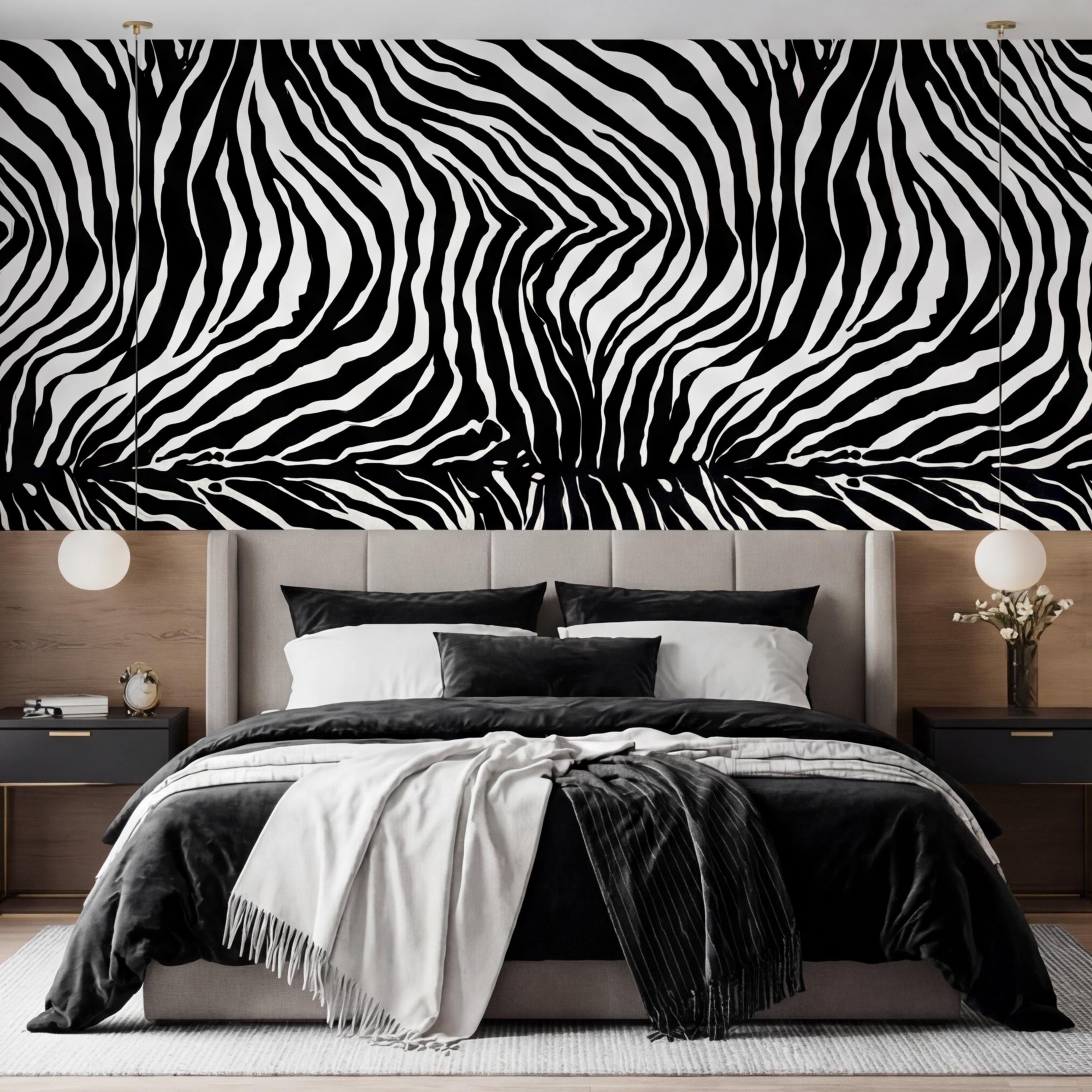 Modern Zebra Print Peel and Stick Wall Mural, Black and White Animal Stripe Pattern, Bold Safari Statement Wall Decor, Bedroom Living Room