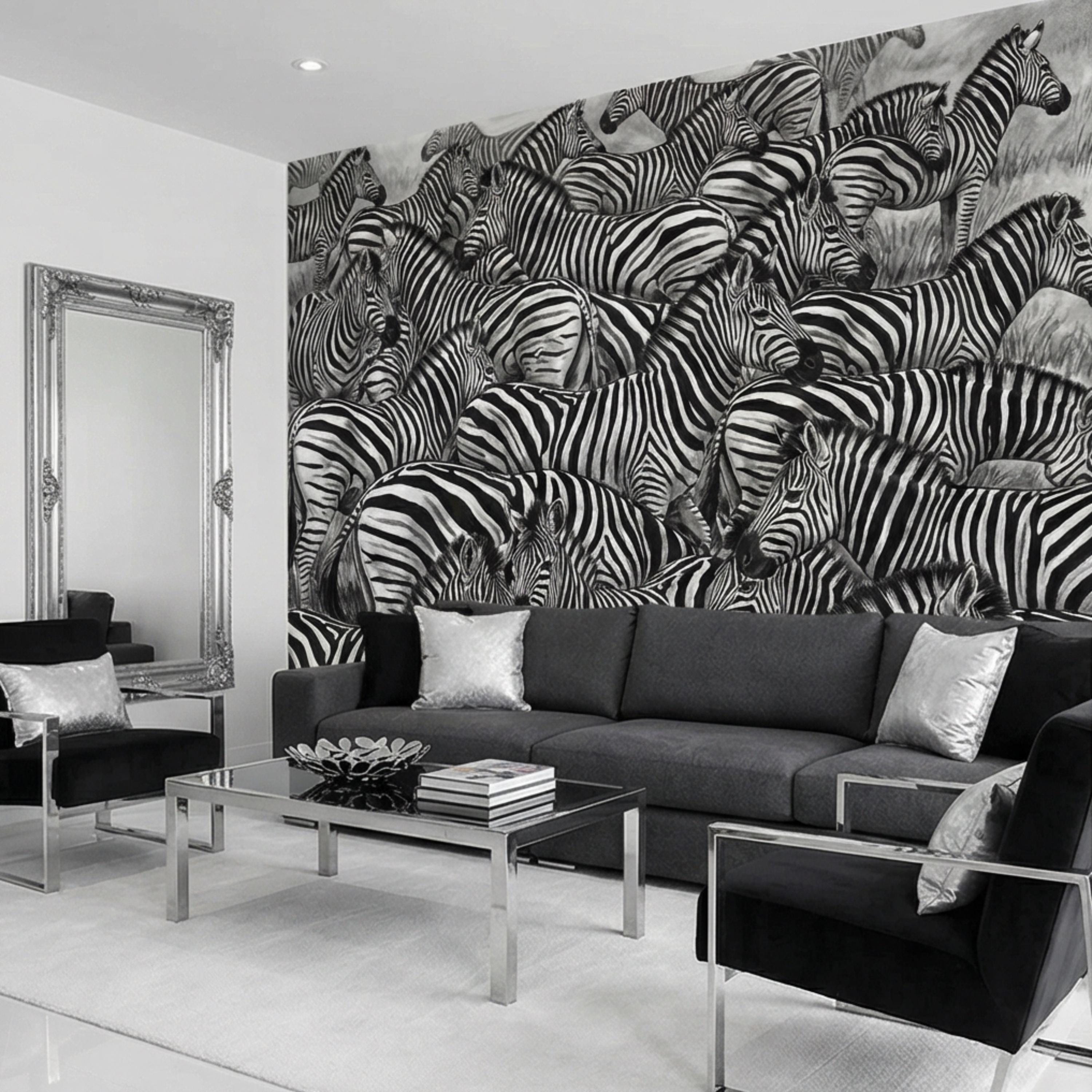Zebra Herd Peel and Stick Wall Mural, Black and White Safari Animal Illustration Pattern, Bold Monochrome Wildlife Wallpaper