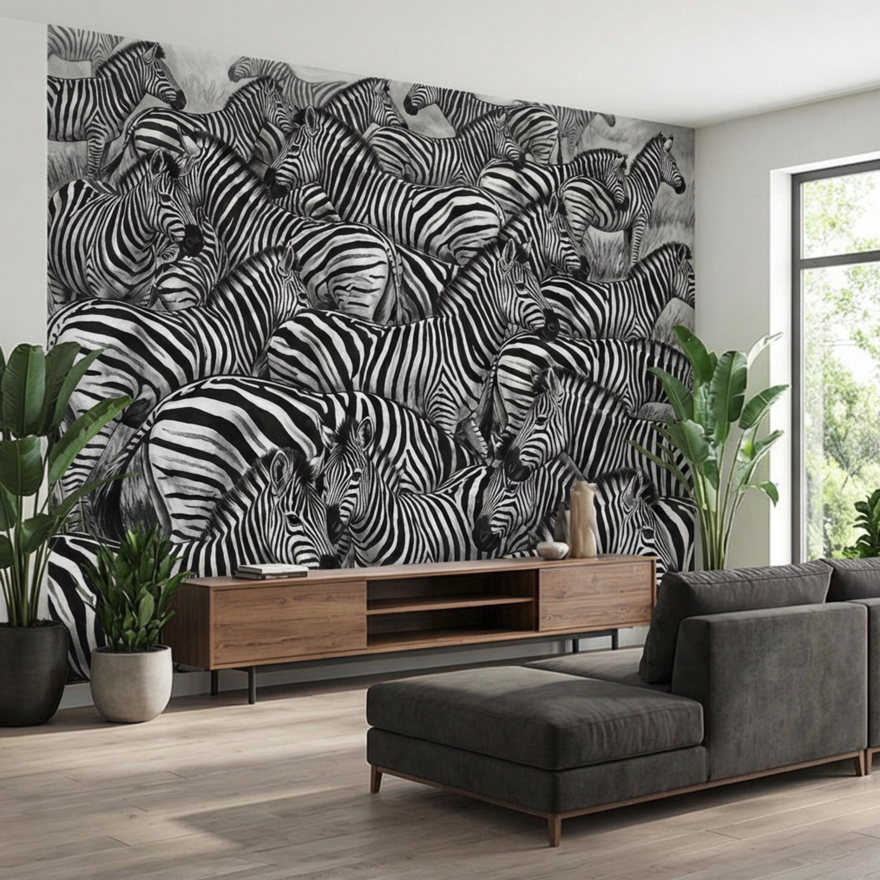 Zebra Herd Peel and Stick Wall Mural, Black and White Safari Animal Illustration Pattern, Bold Monochrome Wildlife Wallpaper