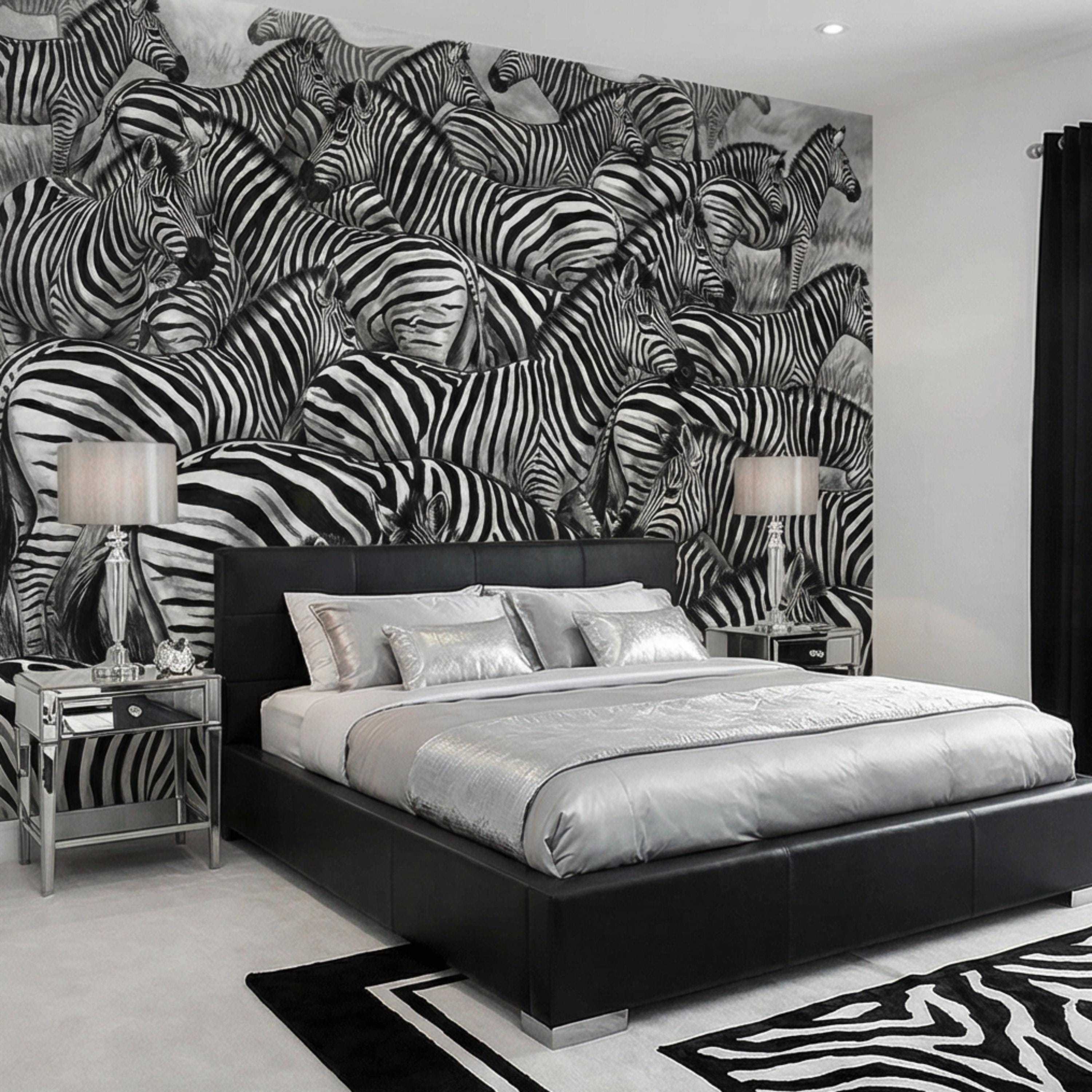 Zebra Herd Peel and Stick Wall Mural, Black and White Safari Animal Illustration Pattern, Bold Monochrome Wildlife Wallpaper