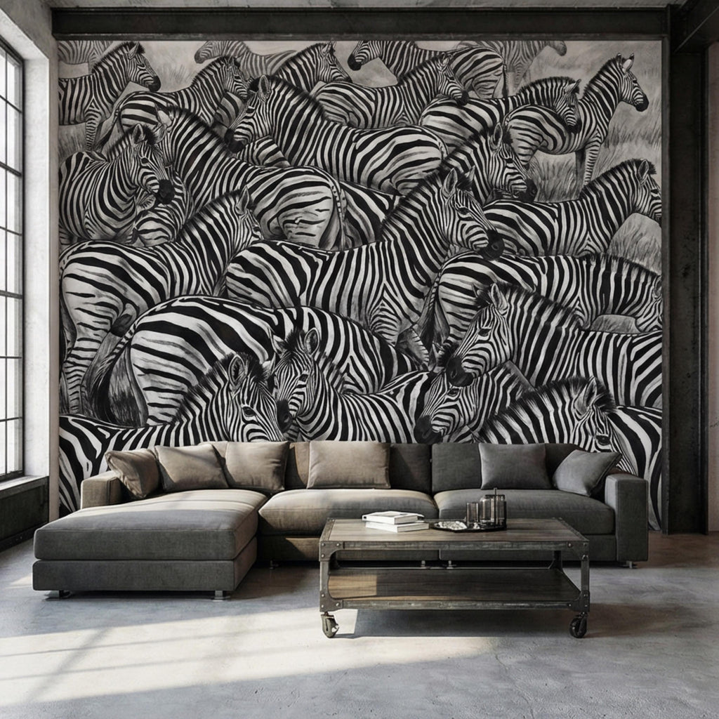Zebra Herd Peel and Stick Wall Mural, Black and White Safari Animal Illustration Pattern, Bold Monochrome Wildlife Wallpaper