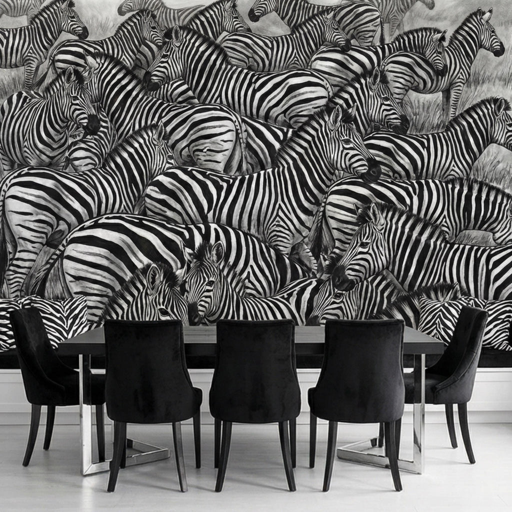 Zebra Herd Peel and Stick Wall Mural, Black and White Safari Animal Illustration Pattern, Bold Monochrome Wildlife Wallpaper