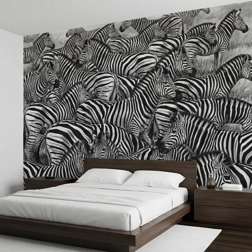Zebra Herd Peel and Stick Wall Mural, Black and White Safari Animal Illustration Pattern, Bold Monochrome Wildlife Wallpaper