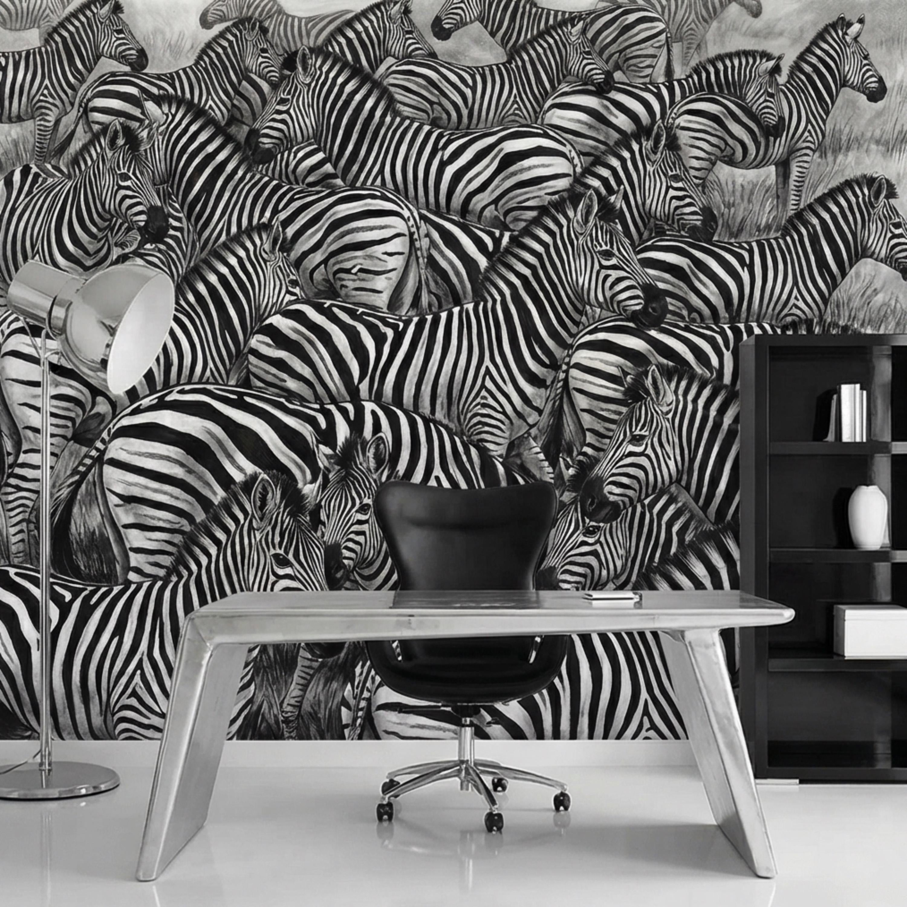 Zebra Herd Peel and Stick Wall Mural, Black and White Safari Animal Illustration Pattern, Bold Monochrome Wildlife Wallpaper