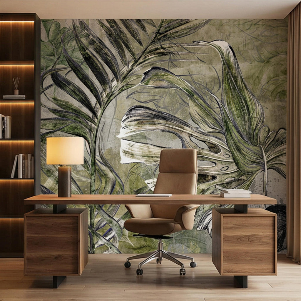 Sage Green Botanical Leaves Peel and Stick Wall Mural, Monstera Palm Watercolor Sketch, Modern Organic Neutral Wallpaper