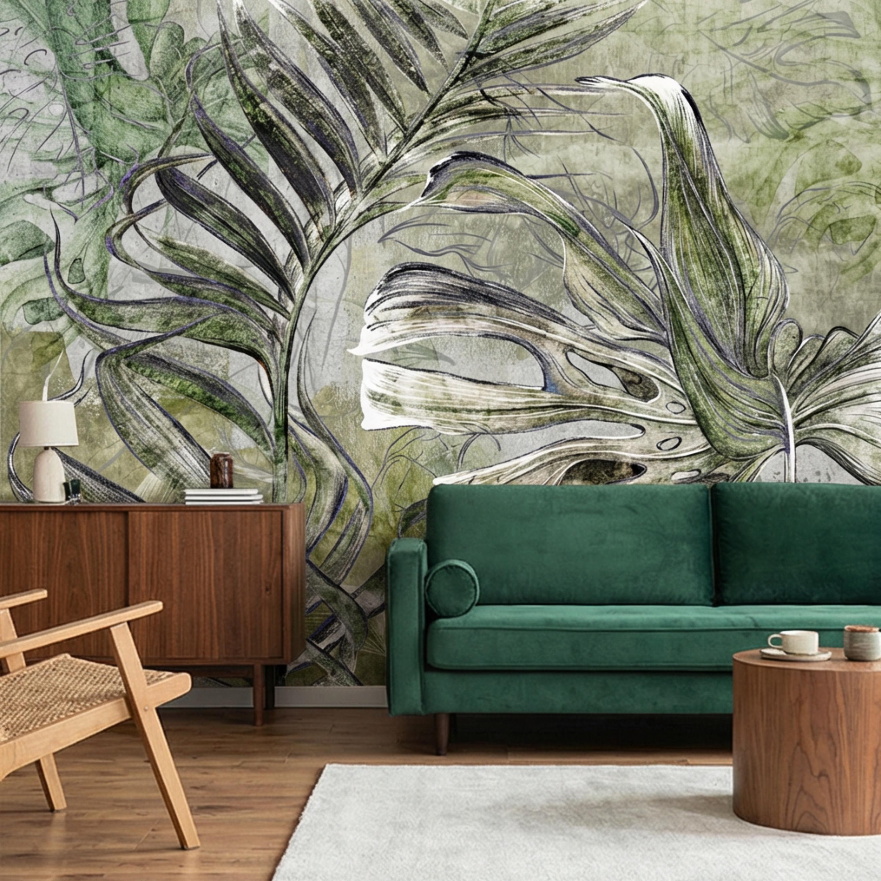 Sage Green Botanical Leaves Peel and Stick Wall Mural, Monstera Palm Watercolor Sketch, Modern Organic Neutral Wallpaper