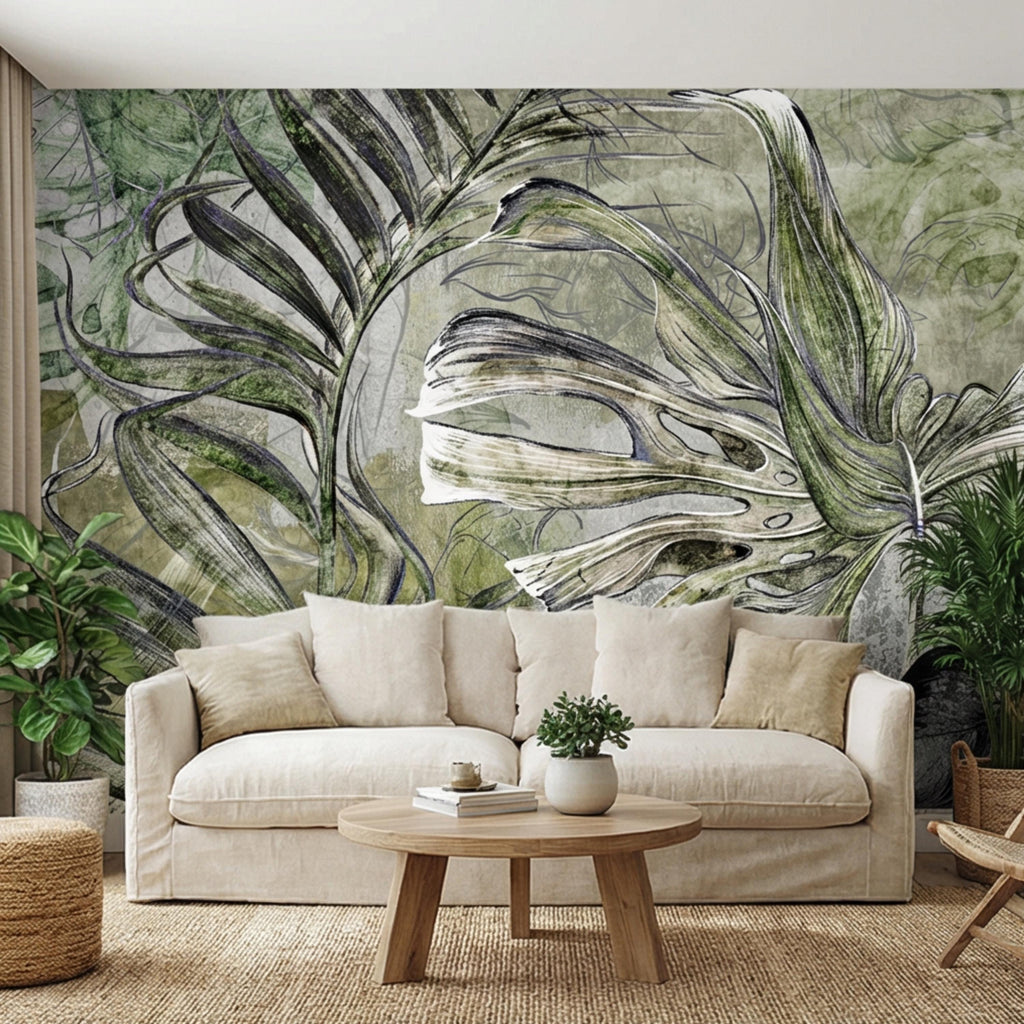 Sage Green Botanical Leaves Peel and Stick Wall Mural, Monstera Palm Watercolor Sketch, Modern Organic Neutral Wallpaper