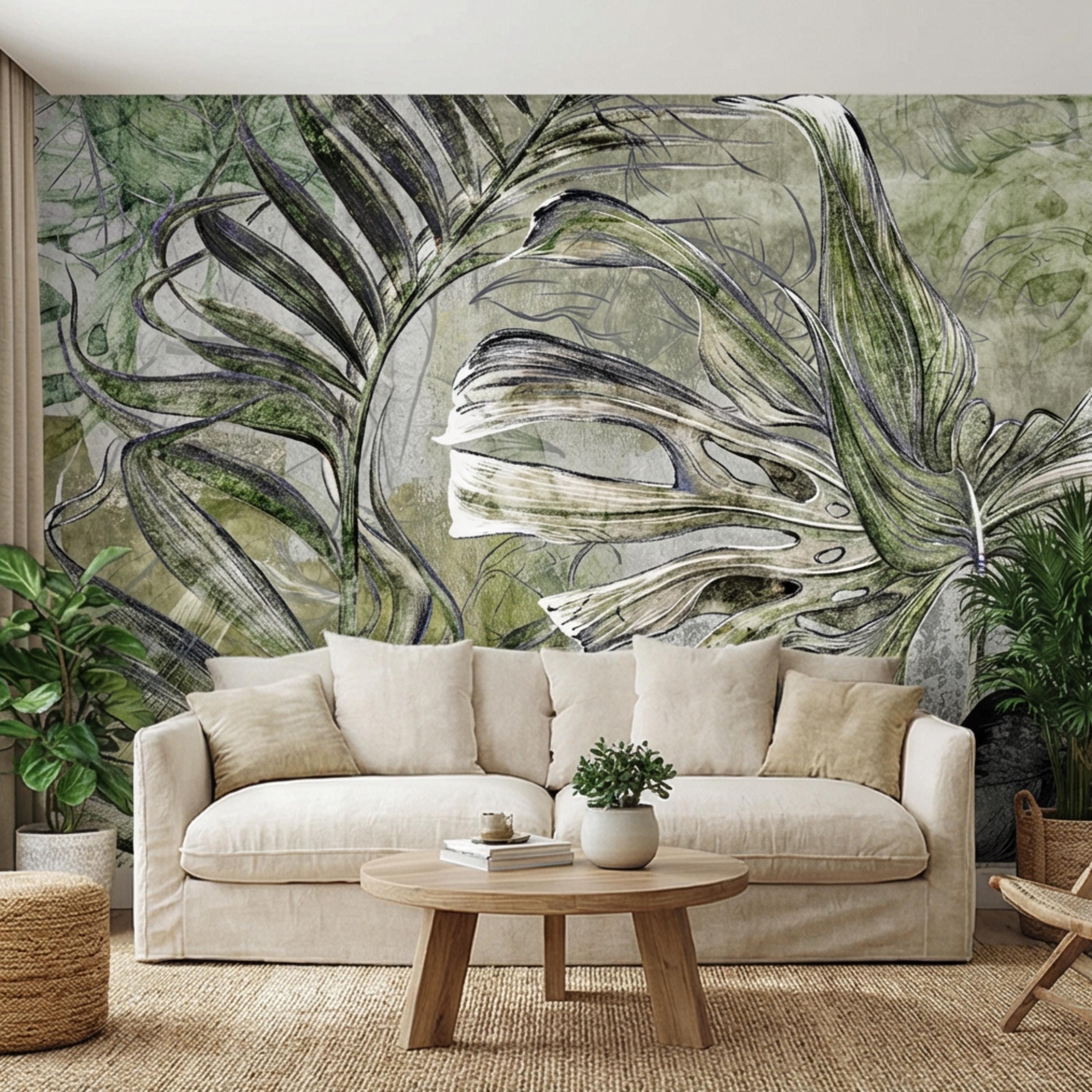 Sage Green Botanical Leaves Peel and Stick Wall Mural, Monstera Palm Watercolor Sketch, Modern Organic Neutral Wallpaper
