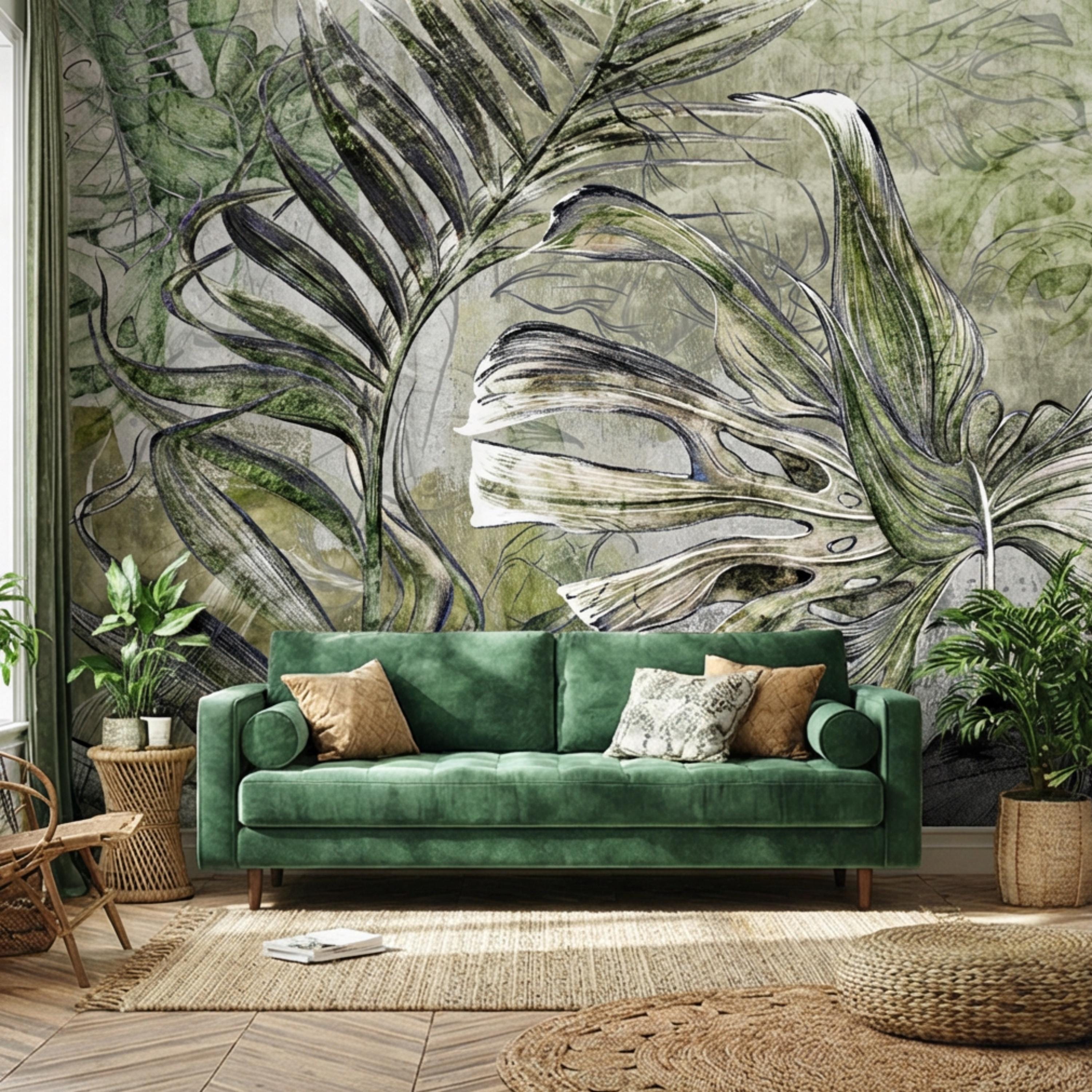 Sage Green Botanical Leaves Peel and Stick Wall Mural, Monstera Palm Watercolor Sketch, Modern Organic Neutral Wallpaper